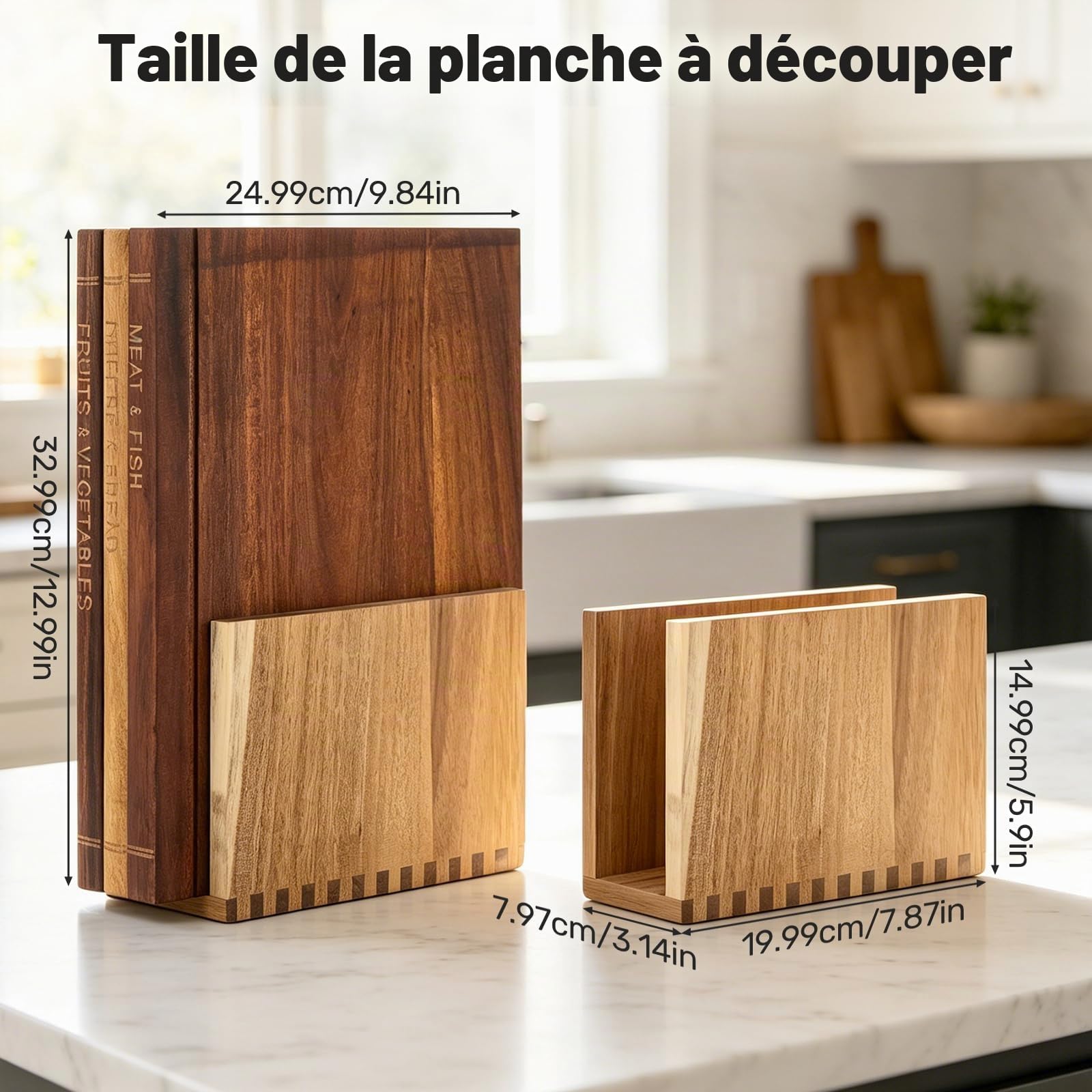 Ensemble Planches à Découper Façon Livre, 4pcs Planche Cuisine avec support | Planche à Découper en Bois avec Rigole à Jus Cutting Board Book Set pour Préparation Repas, aux Fruits et Viande