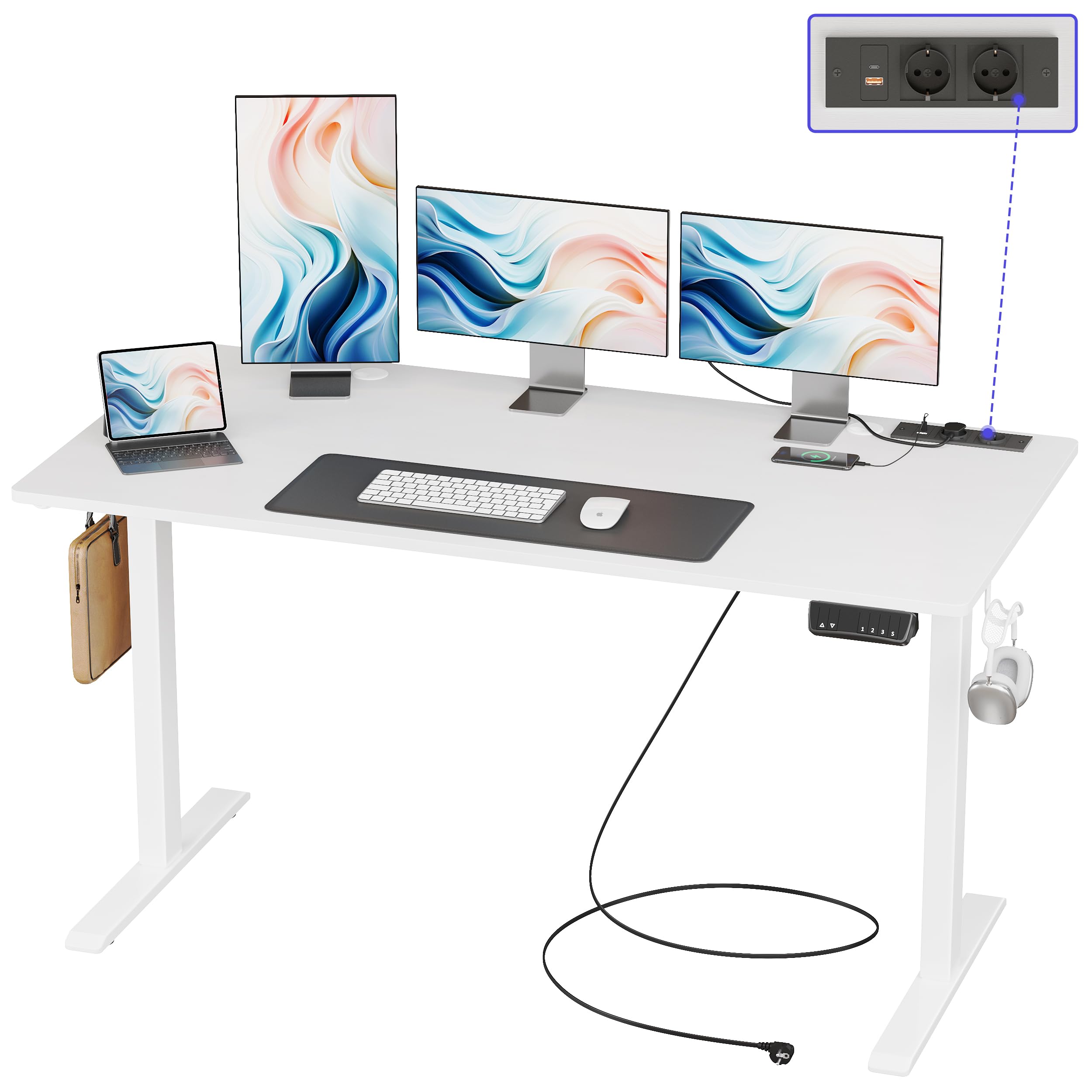 JOISCOPE Escritorio de Pie Eléctrico, Escritorio Ajustable en Altura, Escritorio con Enchufe USB y Type-C, Escritorio de Oficina en Casa, 140cm*60cm, Escritorio Heavy Hangers, Frosted White