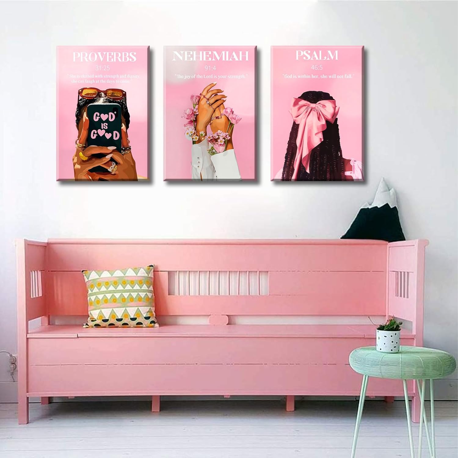 3Pcs Pink Bible Verse Canvas Wall Art Christian Black Girl Wall Decor Pictures Religious Scripture God Posters Prints for Girls Room Bedroom Home Decoration 12x16in