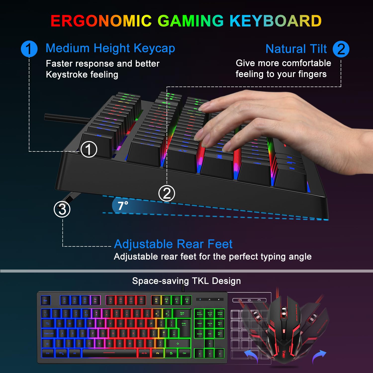 Set di tastiera e mouse da gioco, layout UK 75% TKL RGB retroilluminato, mouse ergonomico a LED a 4 colori, tappetino per mouse grande, USB Plug & Play per PC, Mac, Xbox, PS4