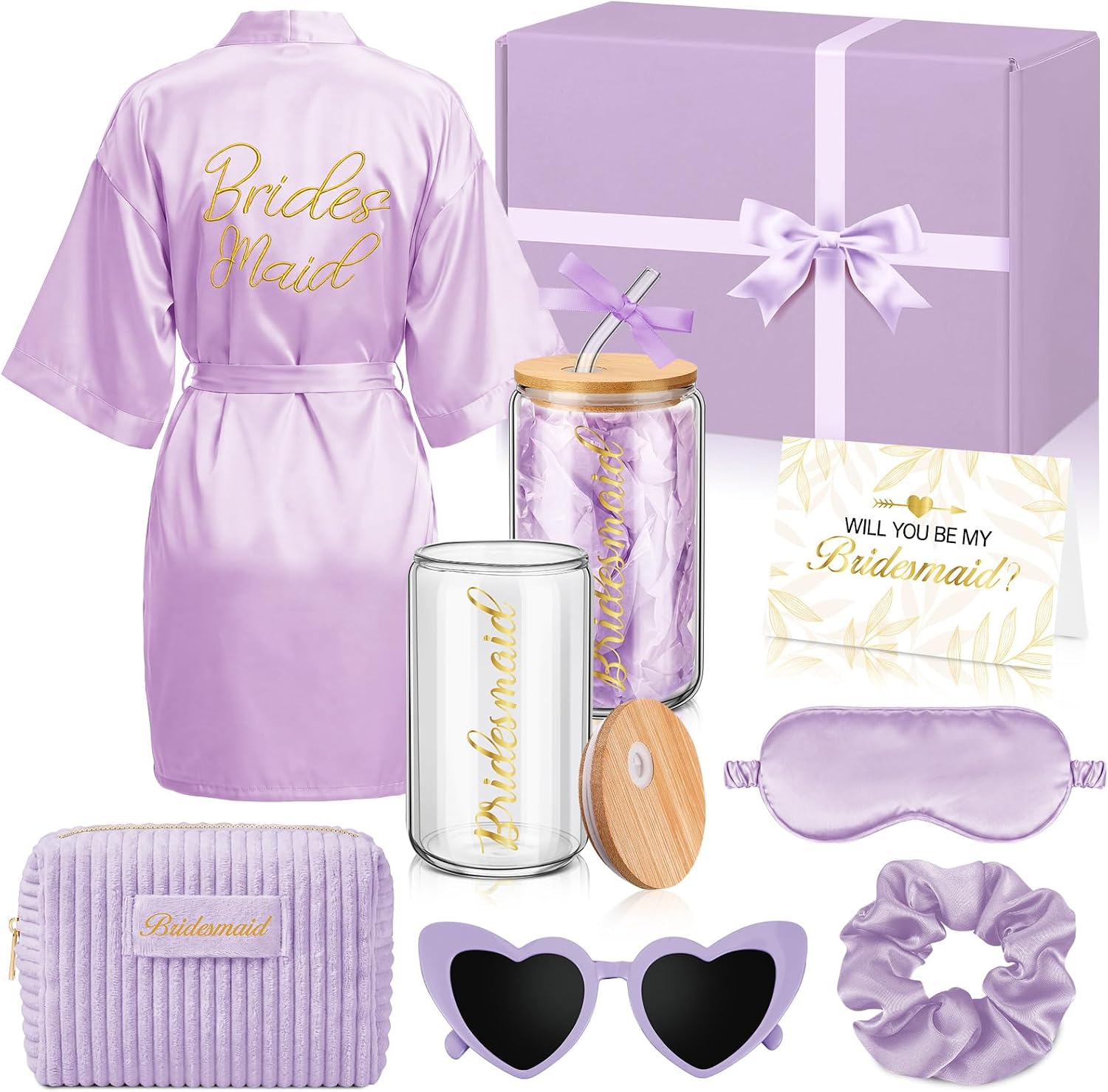 Twistover 8 Pcs Bridesmaid Proposal Gifts Set for Women, Will You Be My Bridesmaid with Robe Makeup Bag Glass Cup Sunglasses Sleep Mask Scrunchie Gift Box for Bridal Shower Wedding Party(Purple)