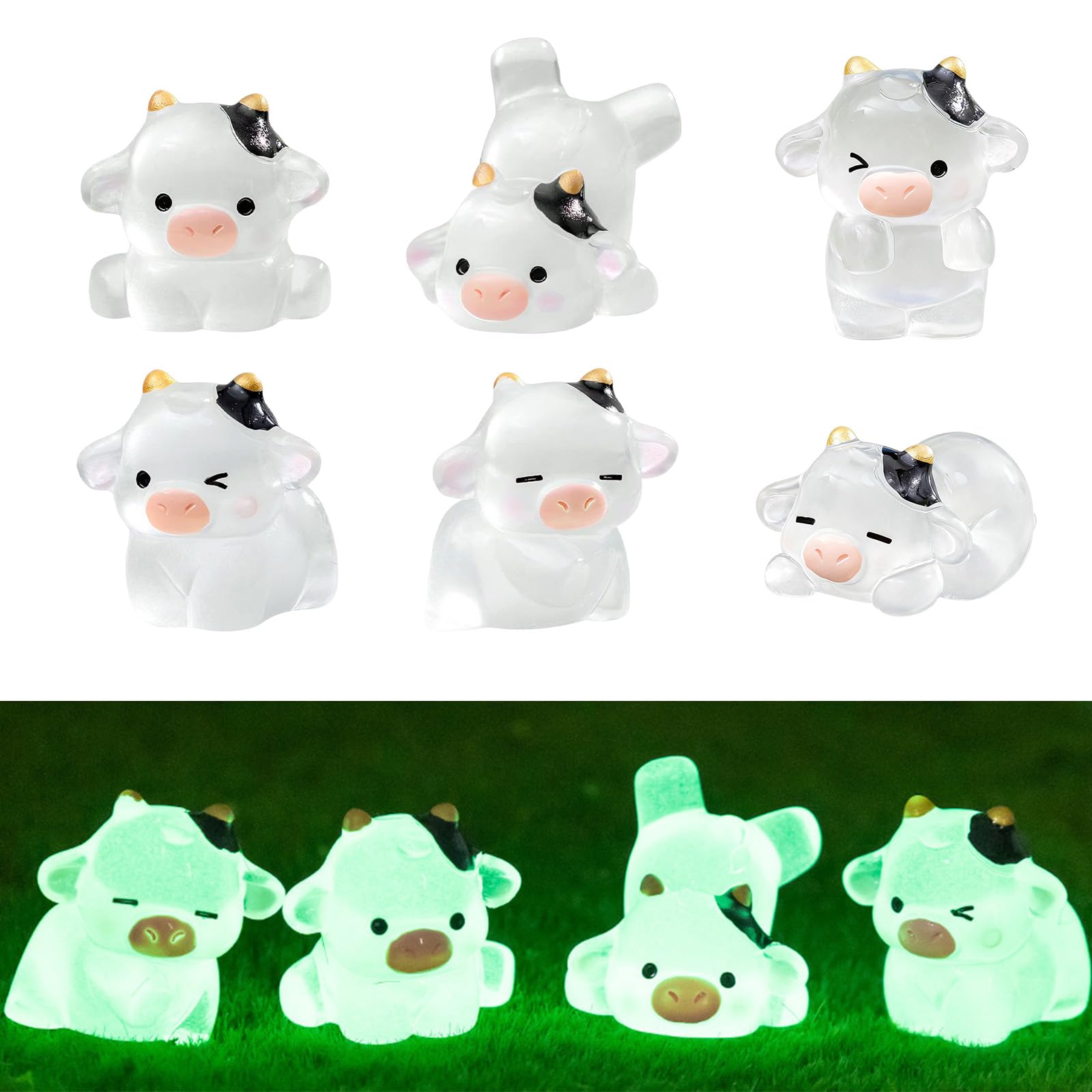 6Pcs Mini Cow Figurines Tiny Resin Luminous Animals Cute Mini Resin Figures Little Plastic Animals Figures Miniature Animal Mini Figures for DIY Car Dash Cake Toppers Fairy Garden Landscape Dollhouse