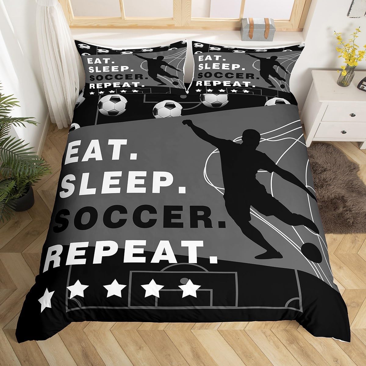 Feelyou Soccer Bedding Set Queen Size Kids Ball Gaming Comforter Cover Set for Boys Girls Teens Football Duvet Cover Sports Theme Bedspread Cover (No Comforter)