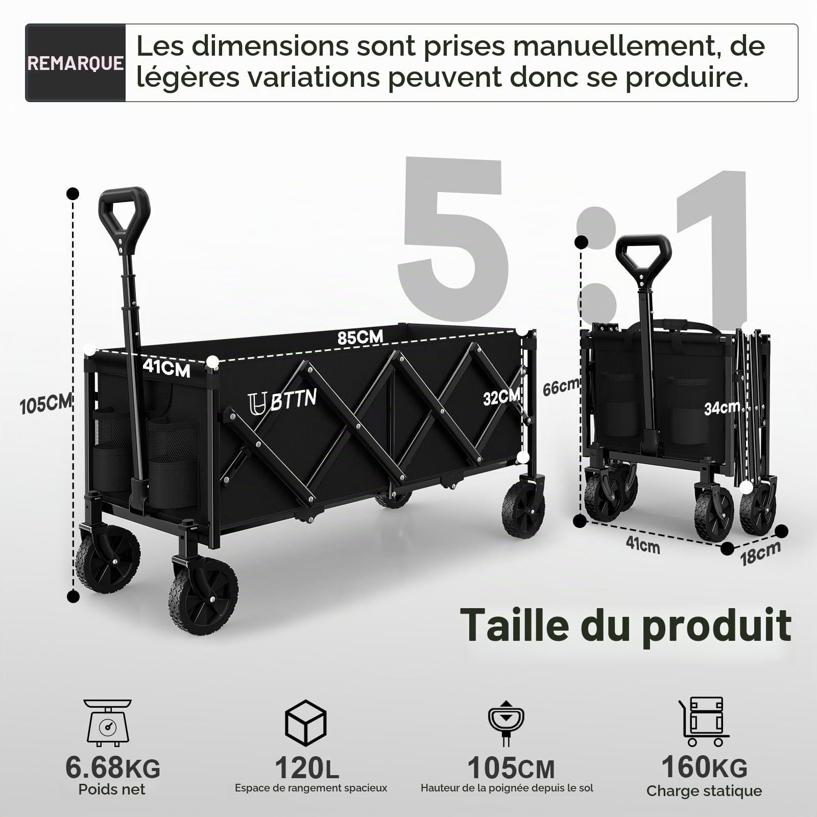 BTTN Chariot de transport pliable de 120 l - Charge maximale : 160 kg - Avec roues silencieuses - Pour jardin, camping, shopping et pique-nique - Chariot de transport pliable avec roues stables - Noir