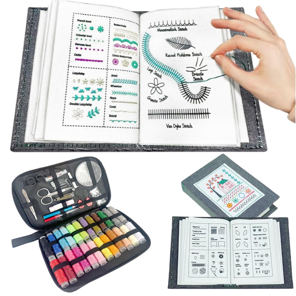 Kyduu Embroidery Books Kit with Sewing Tools for Beginners and Craft Lovers, Creative Embroidery Stitch Sampler Book Kit