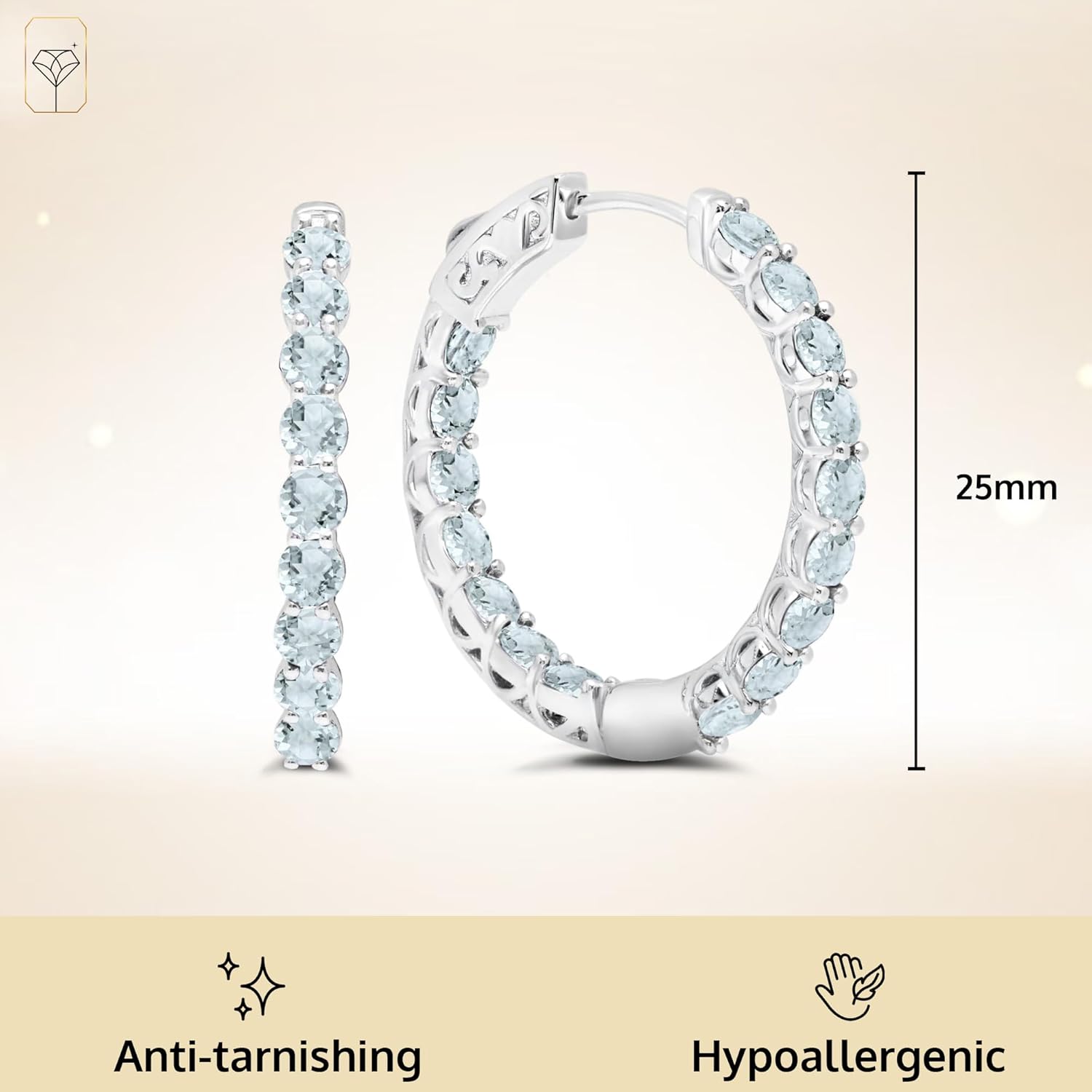 Gemstone Inside Out Hoop Earrings for Women in 925 Sterling Silver 1 Inch Diameter and 3mm Birthstone with Notched Post with Lock by MAX + STONE