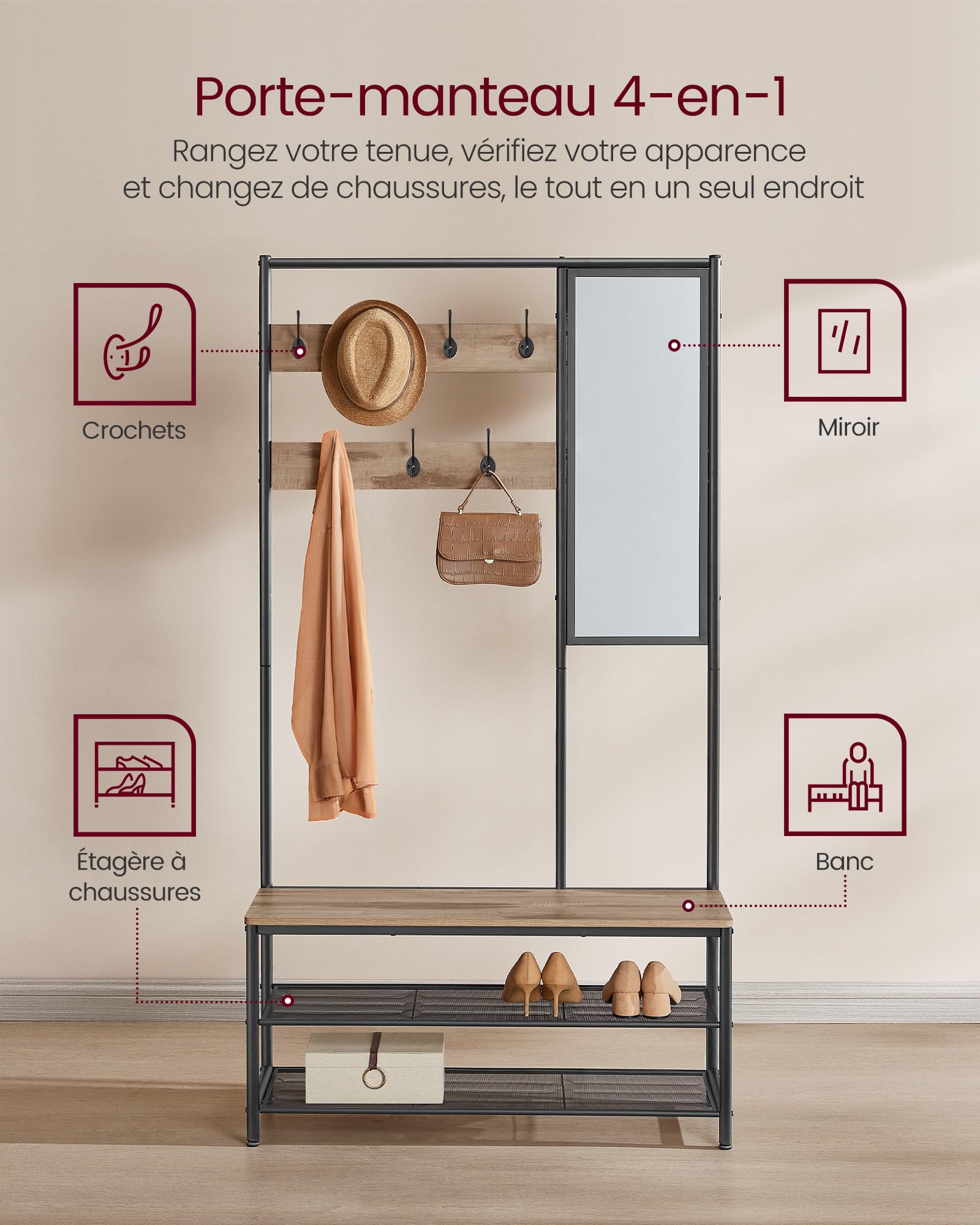VASAGLE Porte-vêtements Porte-vêtements avec Crochets Miroir Banc 35 x 98 x 180 cm pour Entrée Chambre Salon Style Industriel Camel Marron Encre Noir HSR415K01