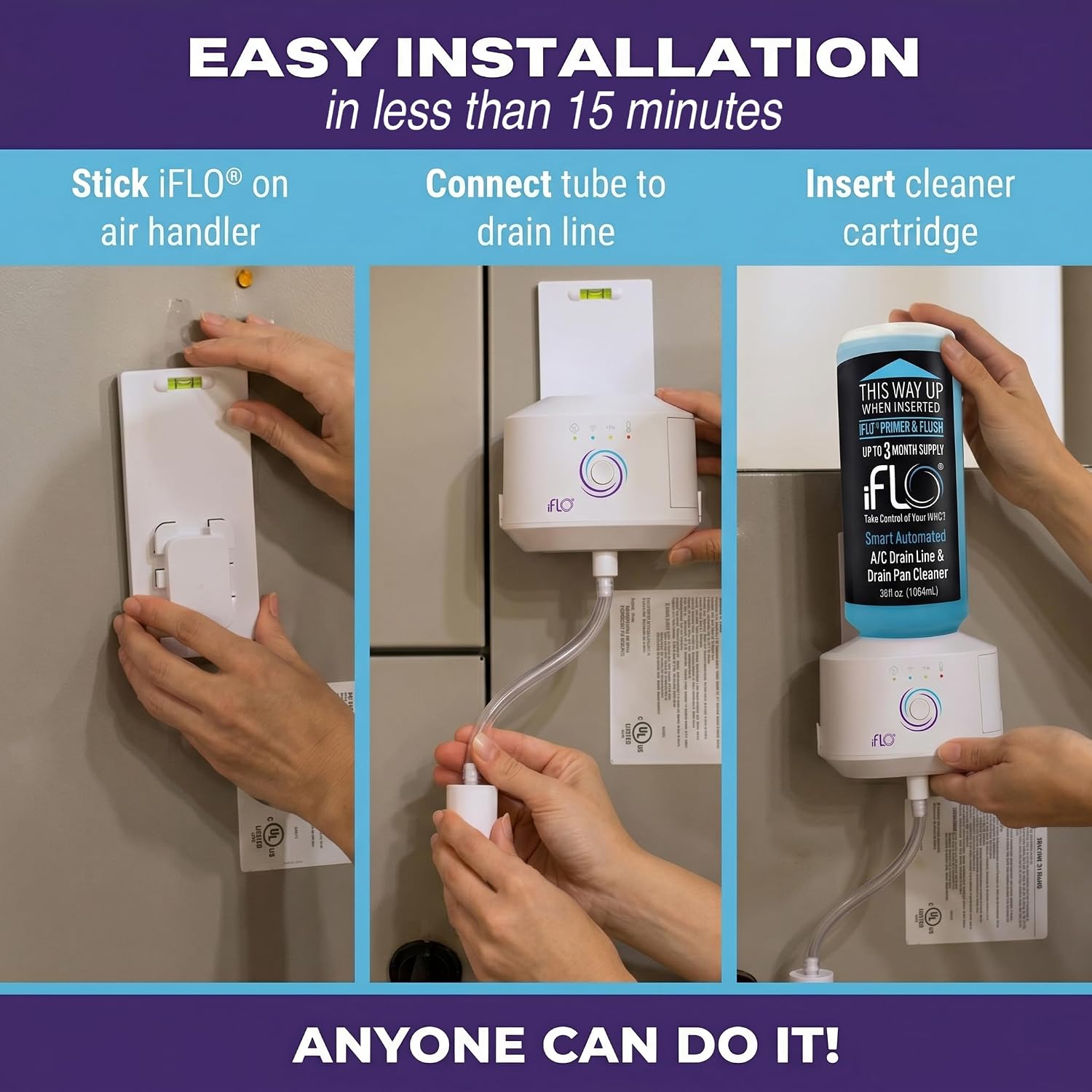 iFLO® Smart A/C Drain Line and Drain Pan Cleaner for HVAC System, Clog-Free, Easy Installation & App-Controlled Air Conditioner Maintenance, Includes 36oz Cleaner Cartridge, 3 Month Supply 8 71kNInS893L. AC SL1500