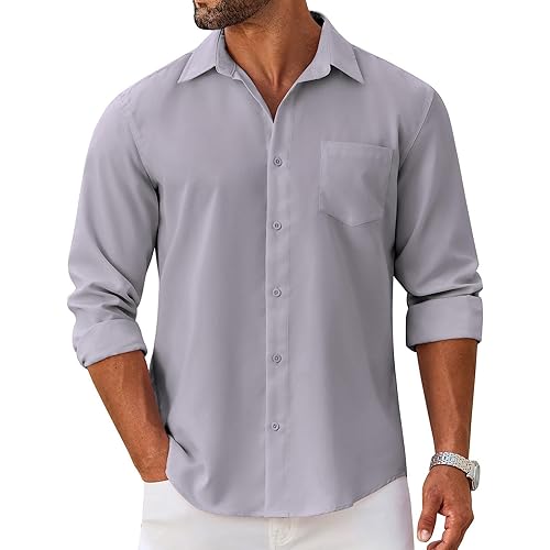COOFANDY Mens Long Sleeve Button Down Shirts Untucked Shirts for Men Casual Dress Shirts Beach Wedding Shirts