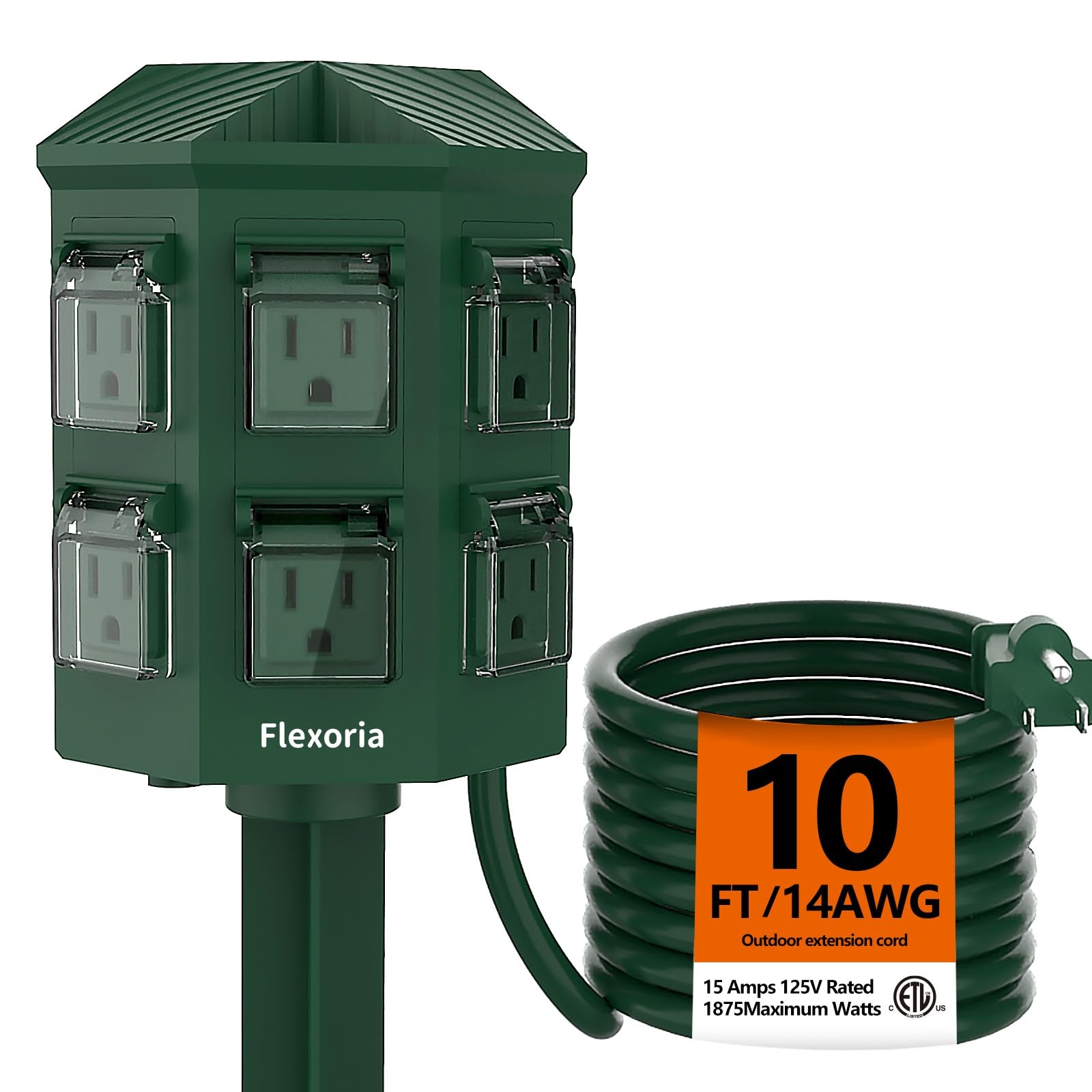 Photo 1 of ** WATER SOAKED BOX ** Flexoria Outdoor Power Strip Waterproof, 10 FT Heavy Duty Extension Cord, 6 Grounded Outlets for Graden and Yard Decorations, 15A/1875W, ETL Listed