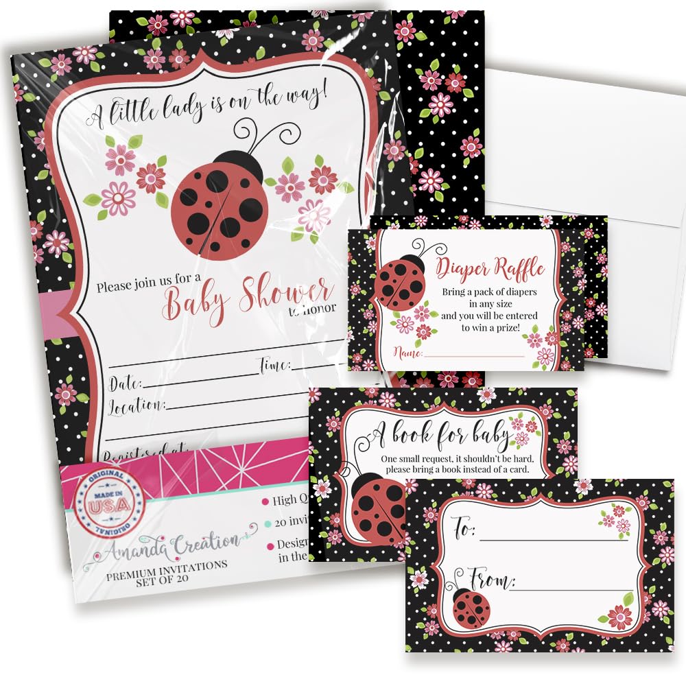Amanda Creation Baby Shower Invites for Girls – Red Ladybug Baby Shower Invitation Bundle with Diaper Raffle Tickets, Book Request Cards & Envelopes.