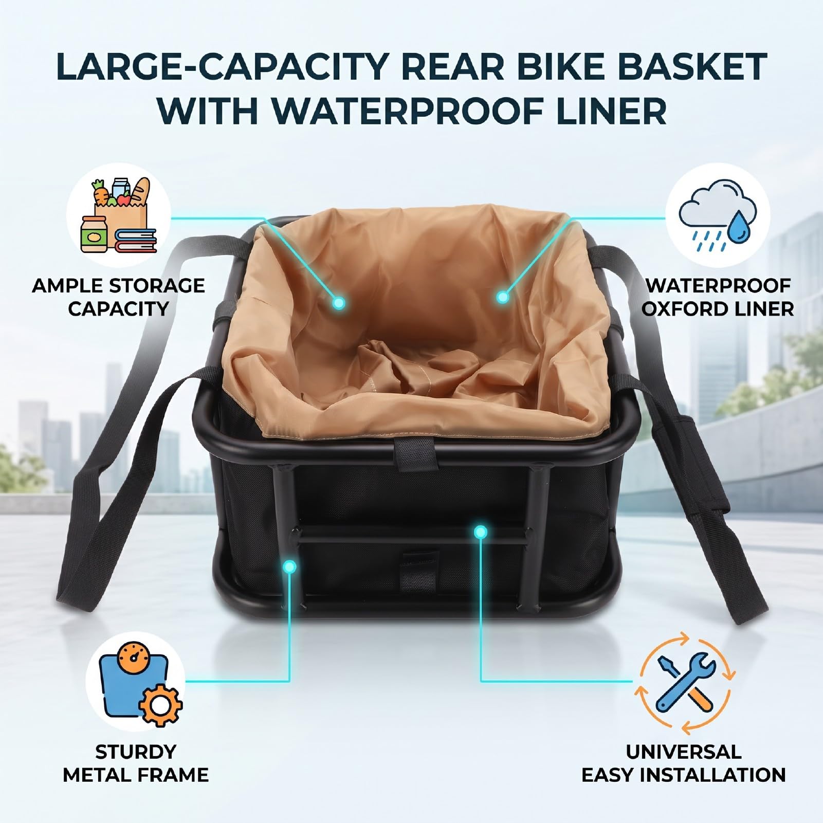 VGEBY Fahrradkorb Hinten, Großer Korb, für Fahrradgepäckträger | Metall-Heckgepäckträger, wasserfestes Oxford, für Pendeln, Einkauf, Haustier.
