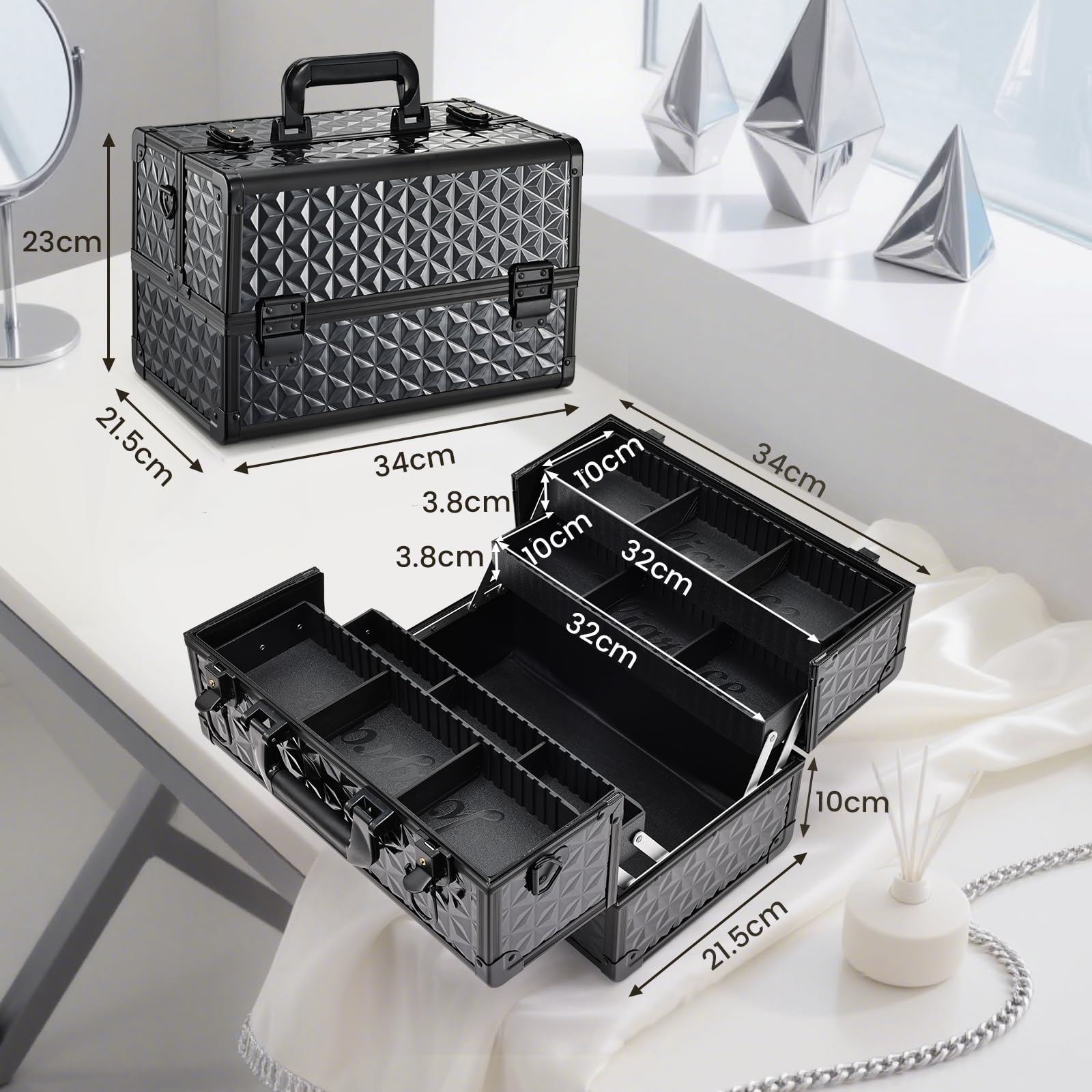 Kosmetikkoffer Schminkkoffer Make up Organizer Friseur Koffer Multikoffer Großer Friseurkoffer Leer Make up Koffer Abschließbare Beauty Case Nagelkoffer, Stilvolles Schwarz
