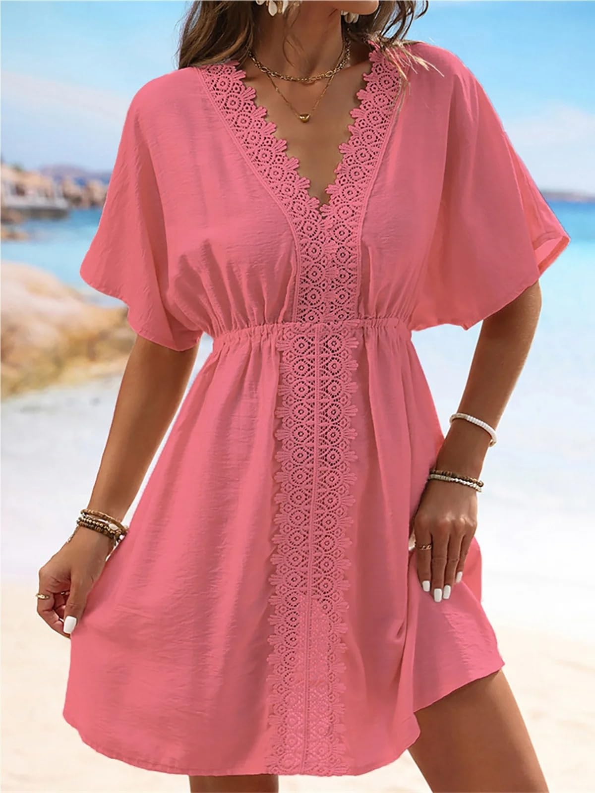 Robe de plage en dentelle à manches courtes et col en V pour femme