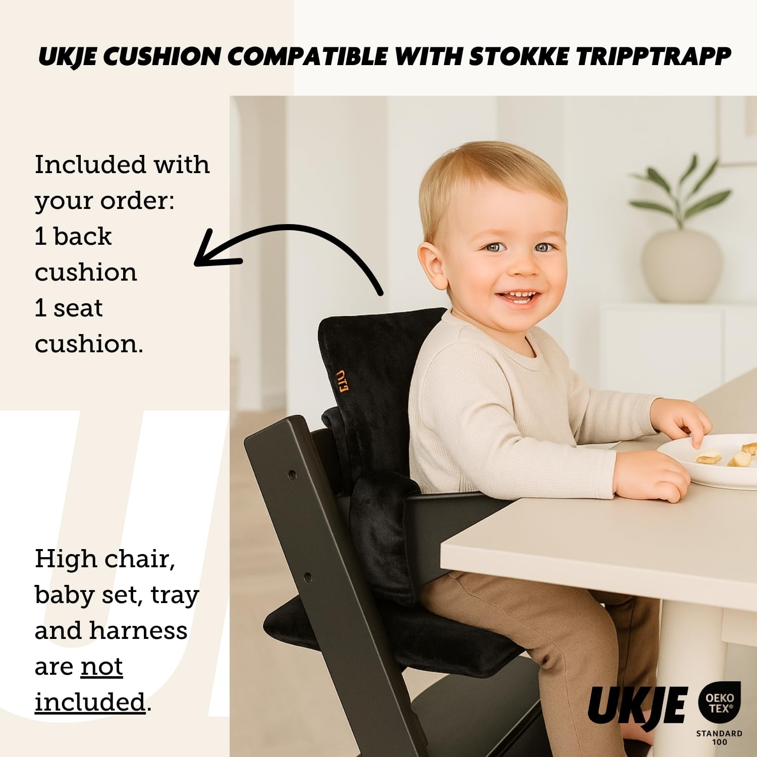 UKJE Cushion Compatible with Stokke Tripp Trapp - Soft Seat for Infants, Babies & Toddlers, High Chair Accessories, Cotton Fabric Insert, Easy to Install, Handmade in Europe (Black Velvet)