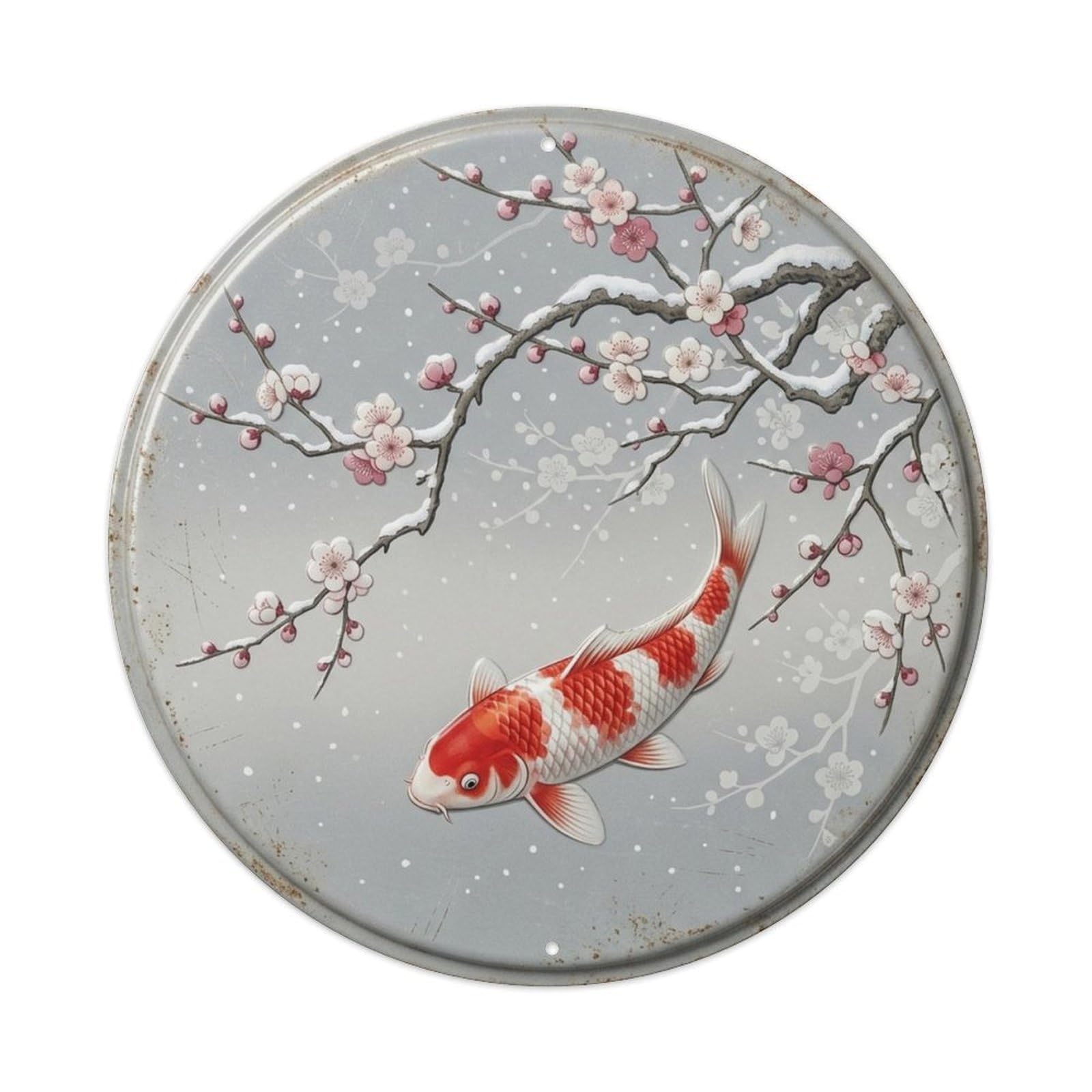 Feng Shui Koi Pond Plum Blossom Winter Asian Harmony Metal Tin Sign Plaque Wall Decor for Cafe, Man Cave, Club Bar, Office, Home Garden Round Metal Poster 8x8Inch