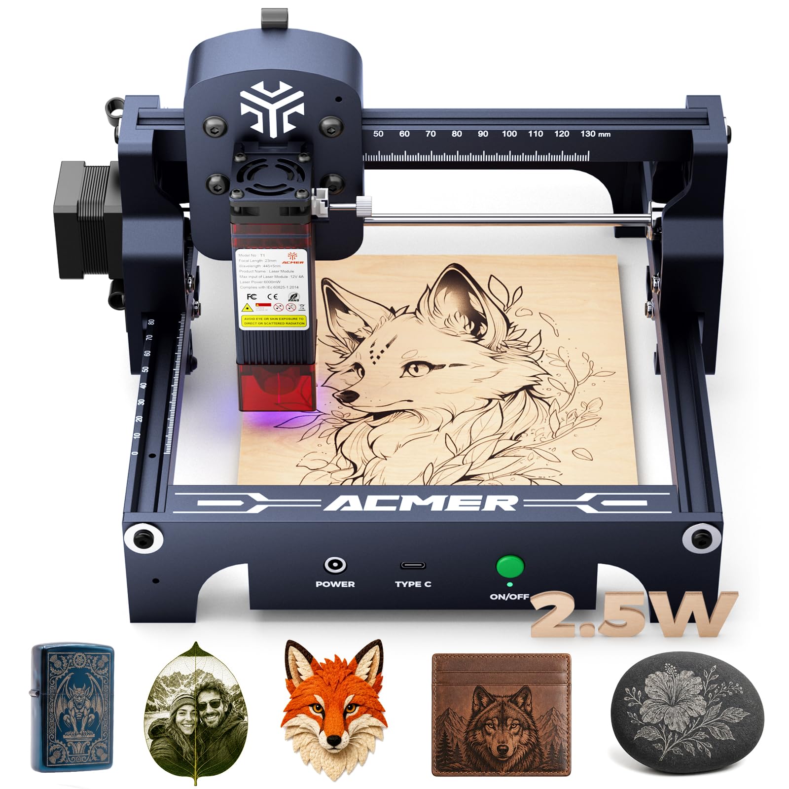 Acmer T1 2.5w Máquina de Grabado LáSer, Minigrabadora LáSer PortáTil, Cortadora LáSer de Alta PrecisióN de 0,01 Mm, áRea de Trabajo de 130 X 130 Mm, Cortadora LáSer para Madera, Cuero, Vidrio, Metal