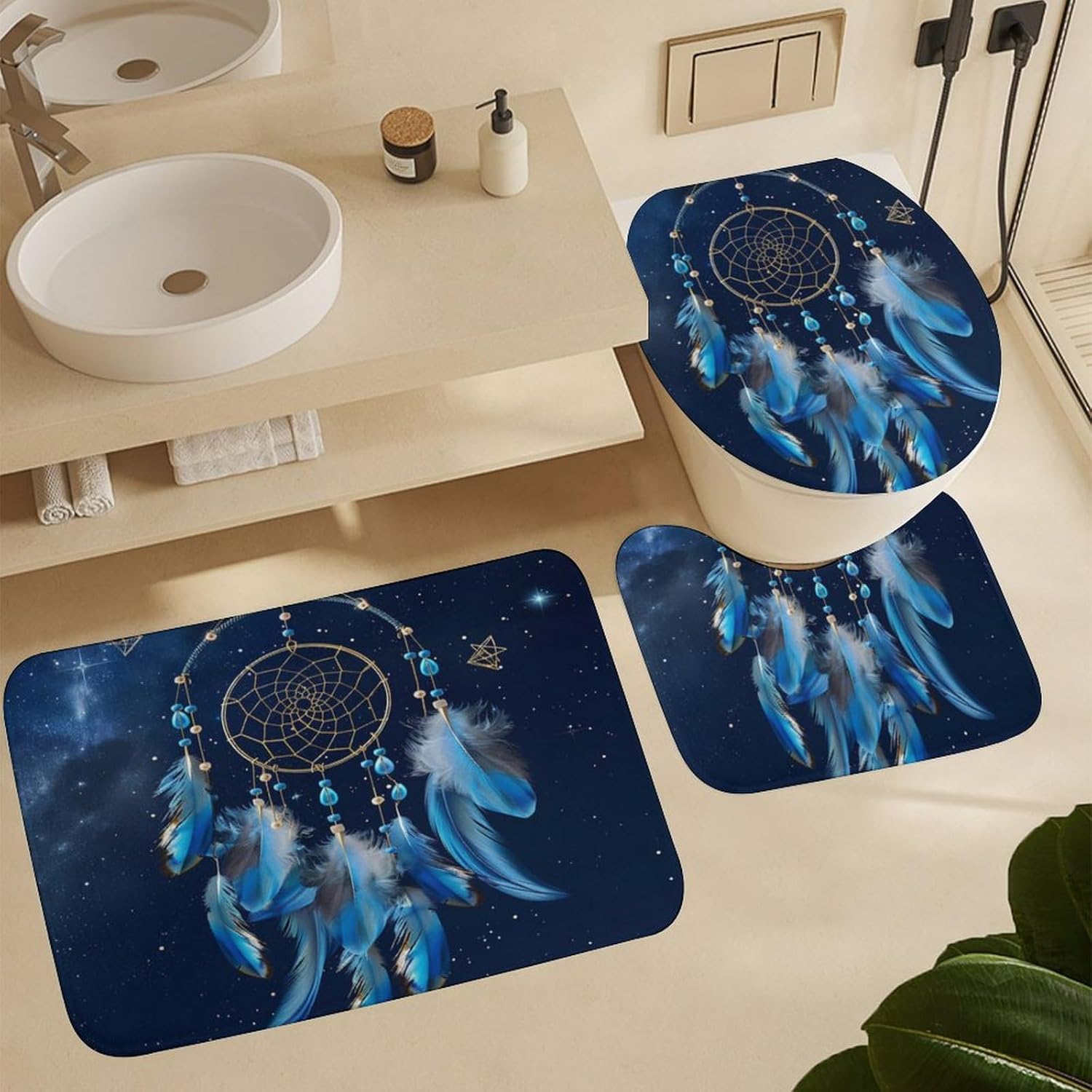 4Pcs Starry Sky Dream Catcher Shower Curtain Set with Toilet Lid Cover Non-Slip Rugs for Bathroom, Galaxy Star Feather Fantasy Shower Curtain Bathroom Sets with Hooks, 72x72 Inch