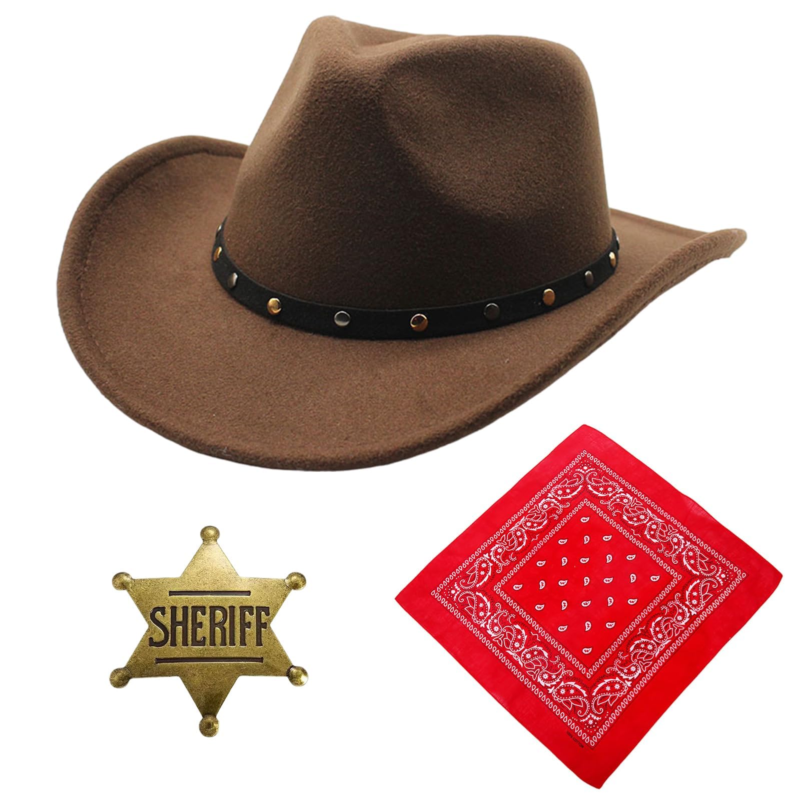 Essestim Cowboy Hats for Men Women, Unisex Adult Texan Cowboy Hat with Neckscarf, Sheriff Badge, Western Fancy Dress Party Accessory Wild Western Country Western Rancher (Style 3)