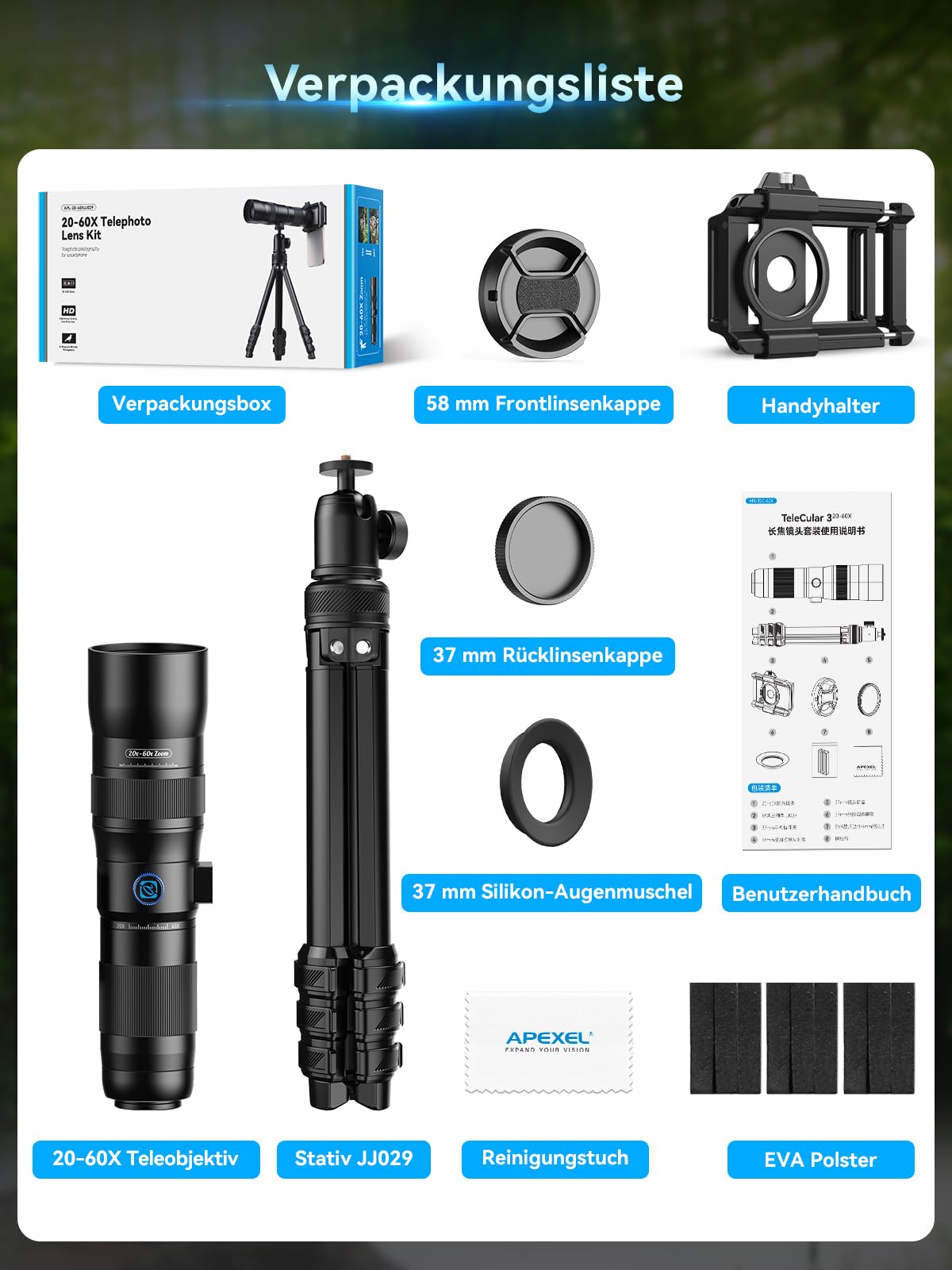 APEXEL Telecular 20-60x Professionelles Kompakt Zoomlinse für Smartphones-Teleobjektiv für Smartphones- Erfassen Sie entfernte Szenen mit Leichtigkeit