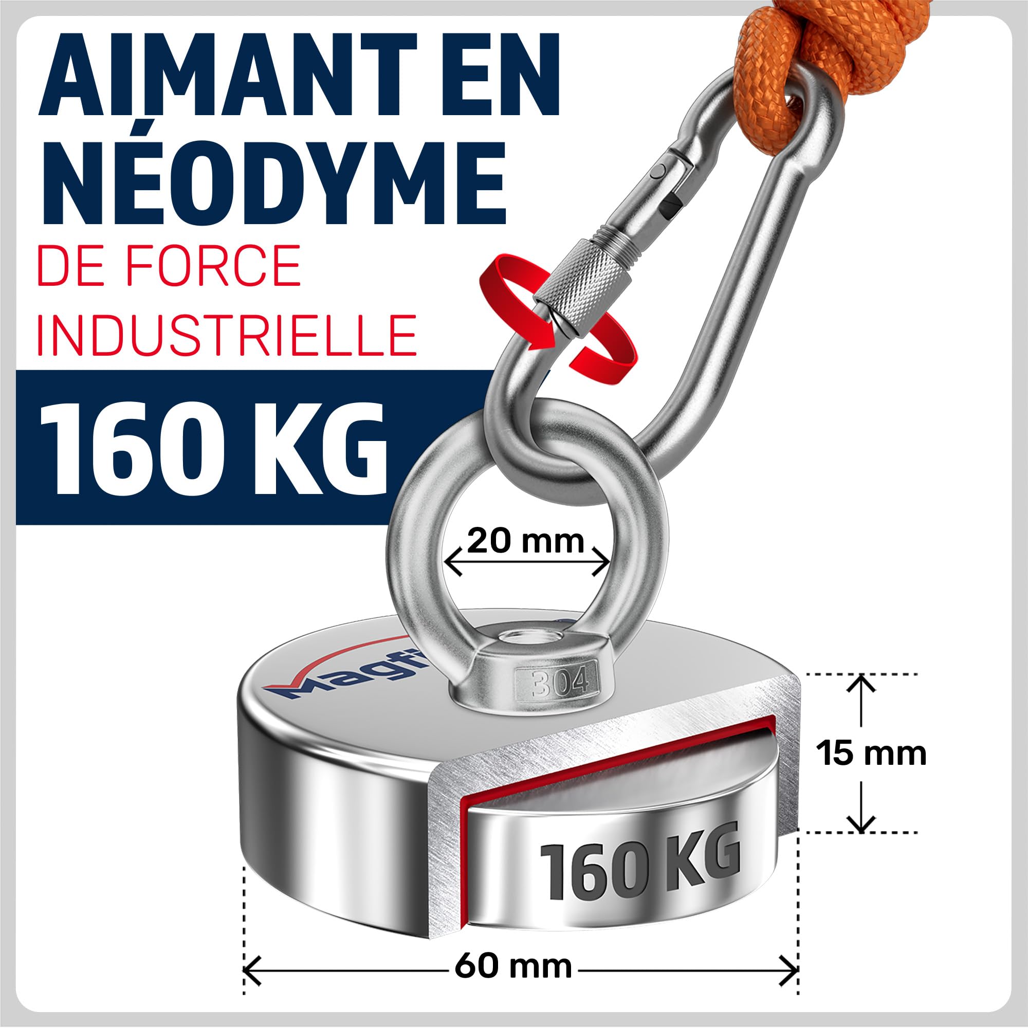 MAGFISHION Aimant Neodyme Puissant - 160 KG - Aimant de Pêche - Ø60mm - Peche a l'aimant avec Corde (20M) et Gants - Kit de Pêche Super Magnétique