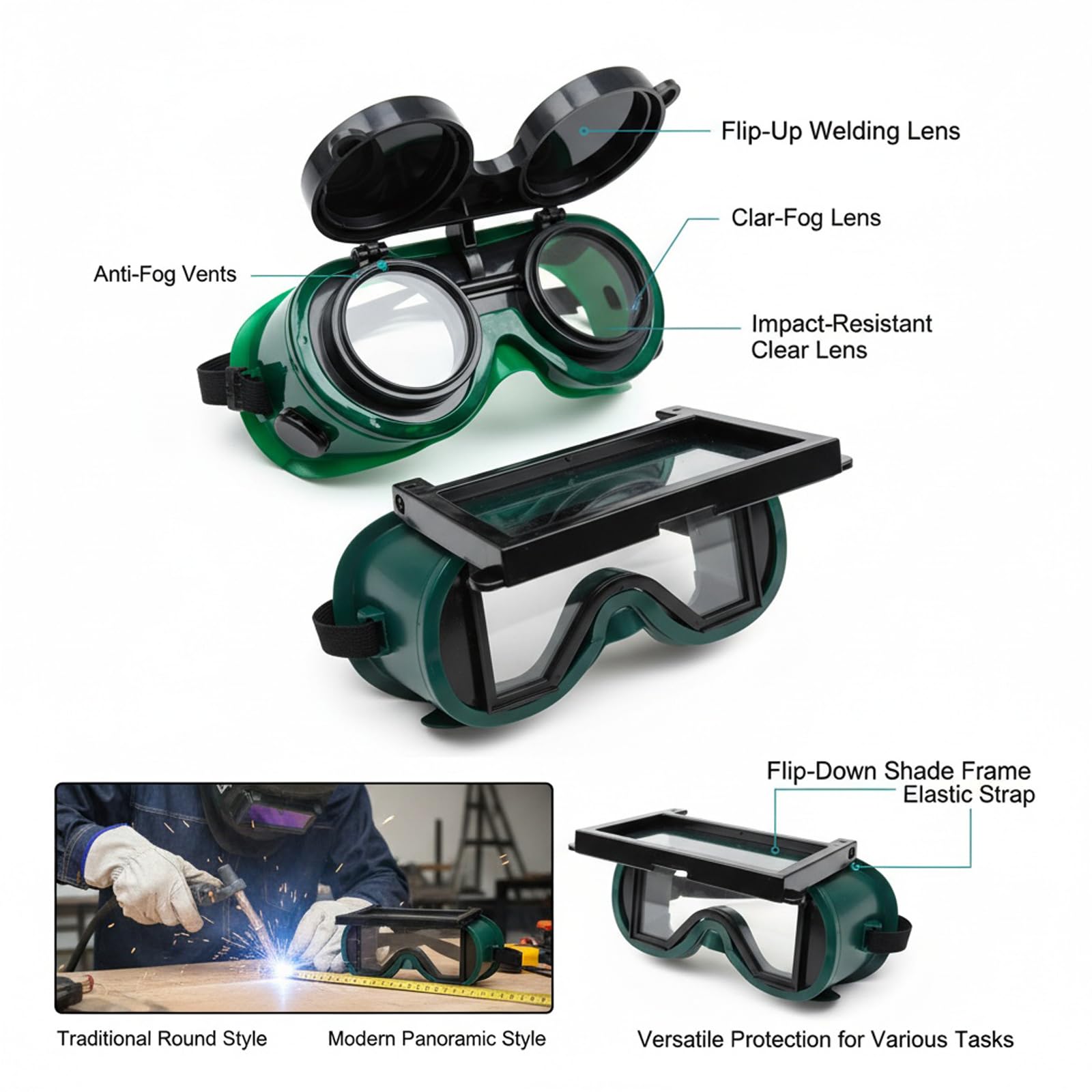 2 gafas de soldadura abatibles, marco de plástico verde de ajuste ajustable para soldadura y antorcha de corte