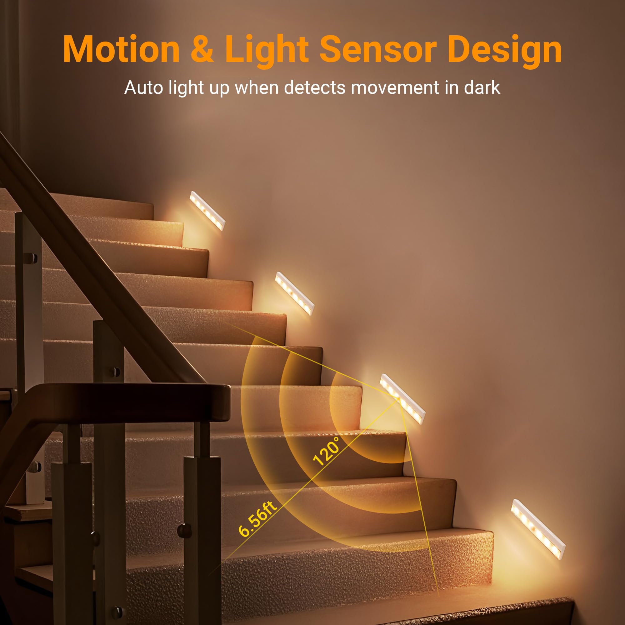 maylit 4 Pack Motion Sensor Light Indoor, Battery Operated Lights, Wireless Magnetic Night LED Bar, Stick on Lighting for Closet, Stair, Shelf, Hallway, Bed, Pantry, Under Cabinet, 3000K Warm White