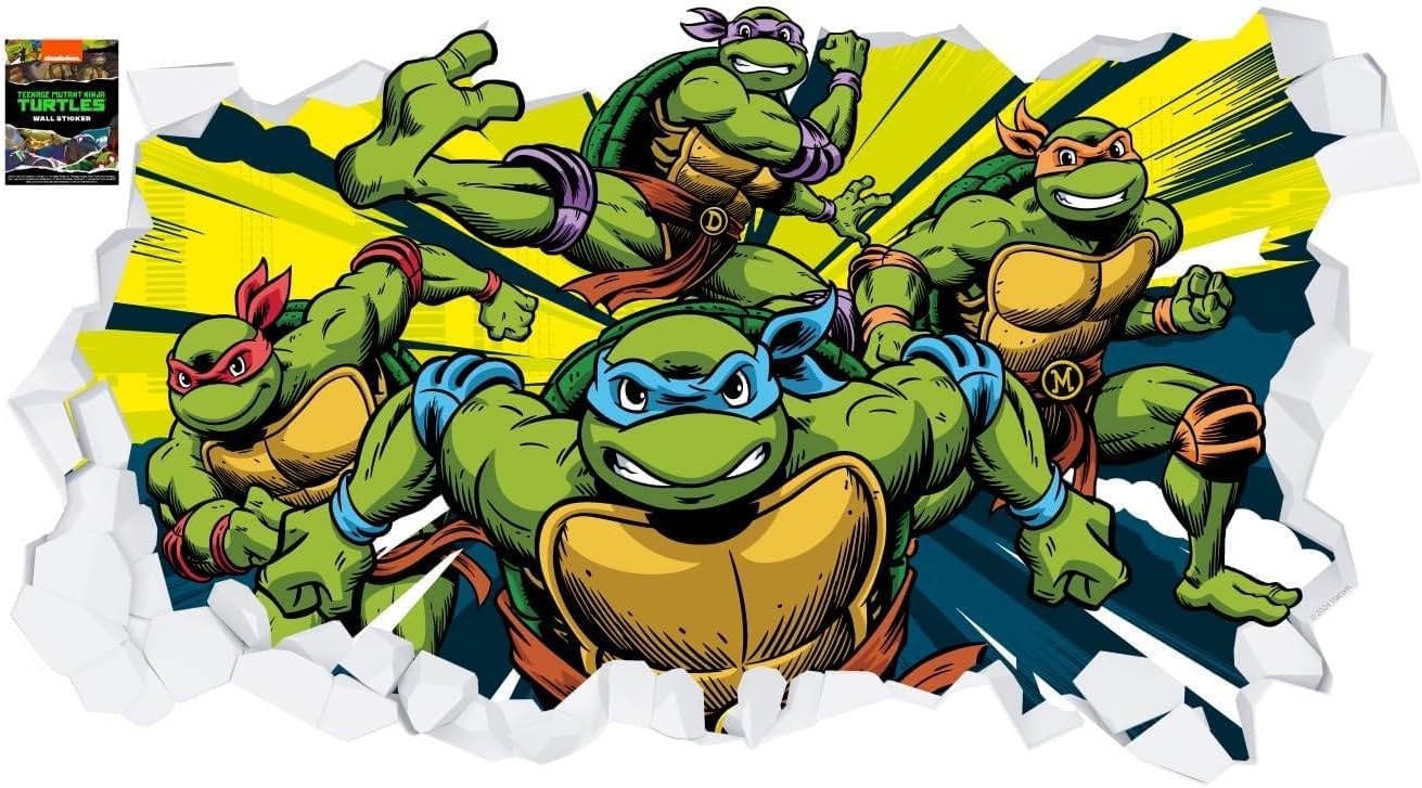 Teenage Mutant Ninja Turtles Wall Sticker - Group Bursting Through Broken Wall Decal World of TMNT Art (60cm Width x 35cm Height)