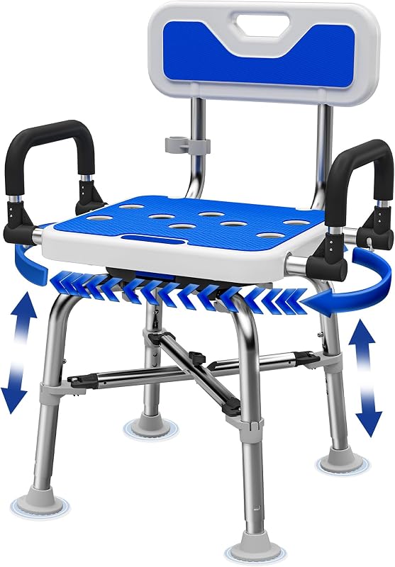Silla de ducha giratoria para personas mayores y discapacitadas, asiento de ducha de seguridad resistente | Soporta hasta 550 libras con respaldo acolchado con brazos, silla de baño de altura ajustable, aleación de aluminio, antideslizante