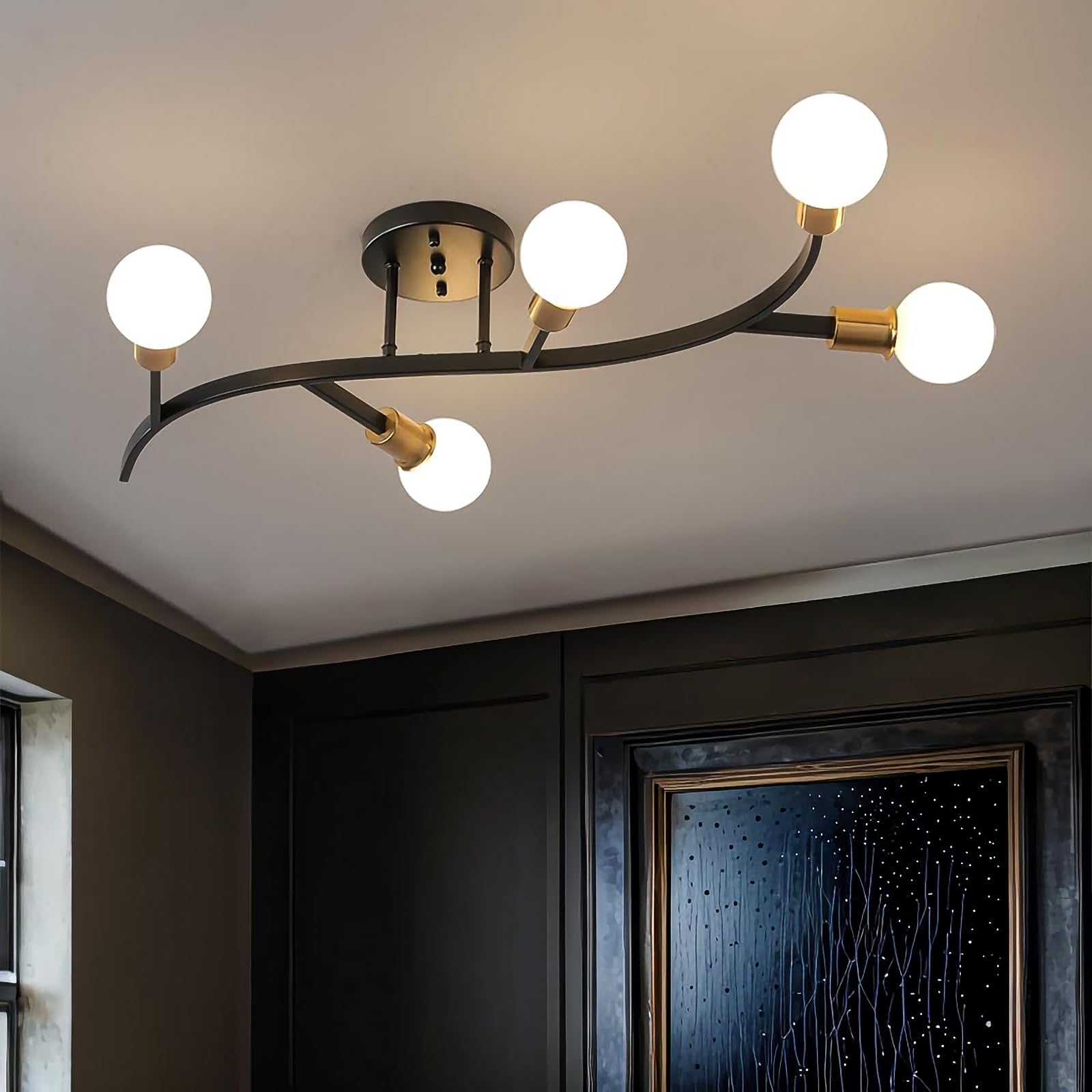 Lampadario Camera Da Letto Industrial, E27 Plafoniera Soffitto Vintage Sputnik, Illuminazione Per Interni, Soggiorno, Cucina, Pranzo, Ufficio, 6 Luci Nero/Oro 86cm (Lampadina Non Inclusa)