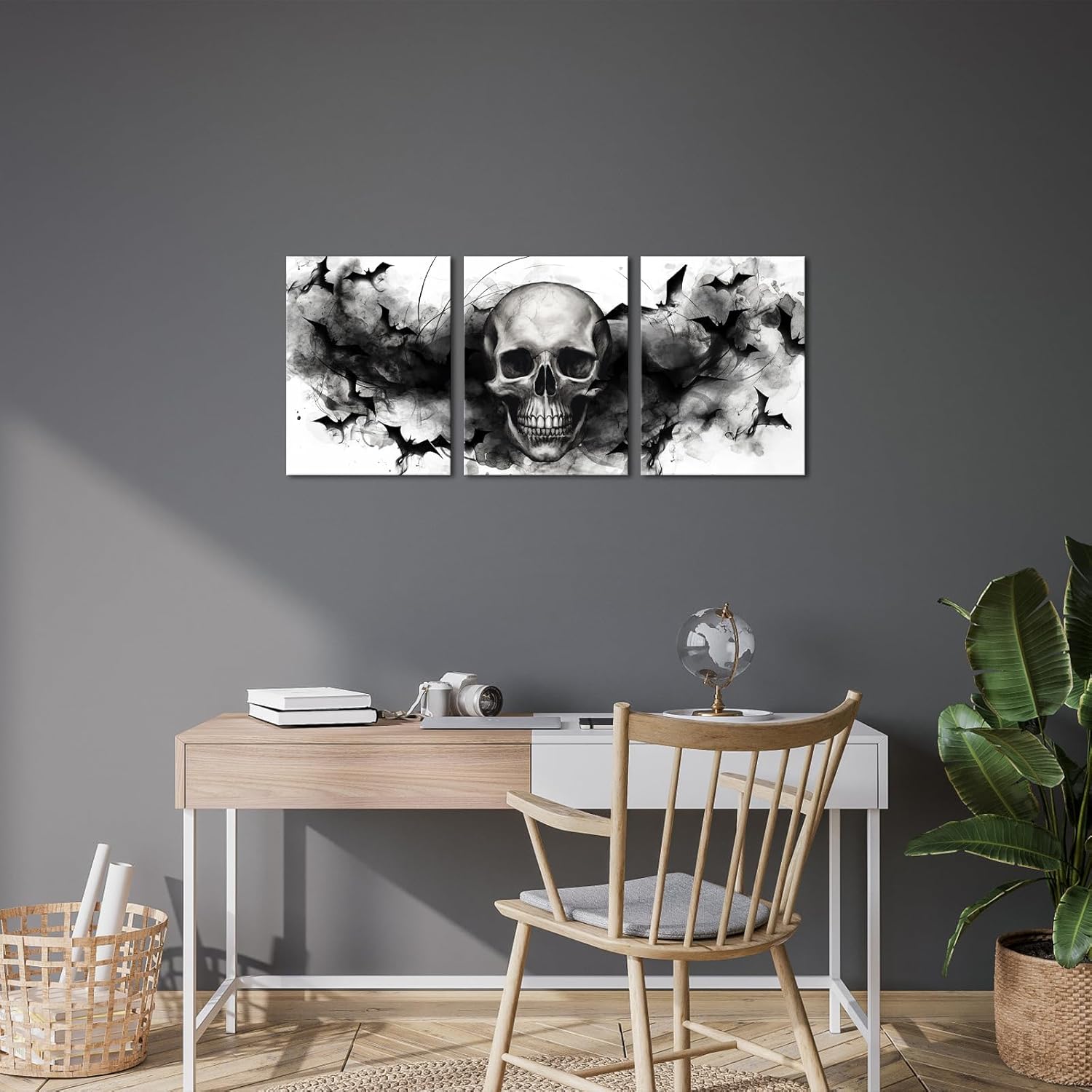 Visual Art Decor Black and White Skull Wall Art Gothic Wall Decor Spooky Gift Halloween Decoration Goth Home Decor Framed 12x16inchx3Pieces