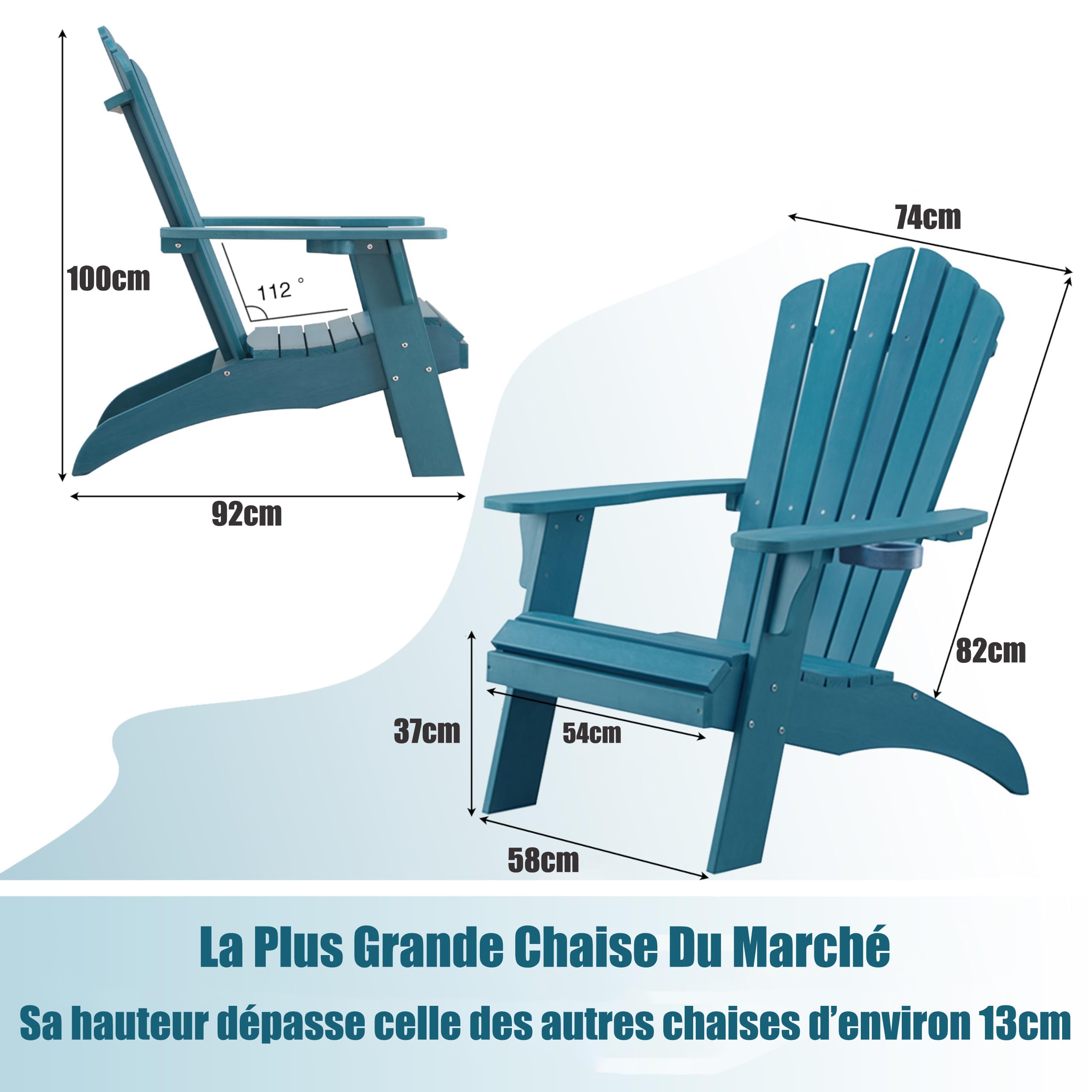 EFURDEN Silla Adirondack Adirondack con soporte para tazas, sillas Adirondack con soporte para bebidas, de poli Lumber, para exteriores, silla de jardín y rana, 160 kg, perfecta para piscina y terraza