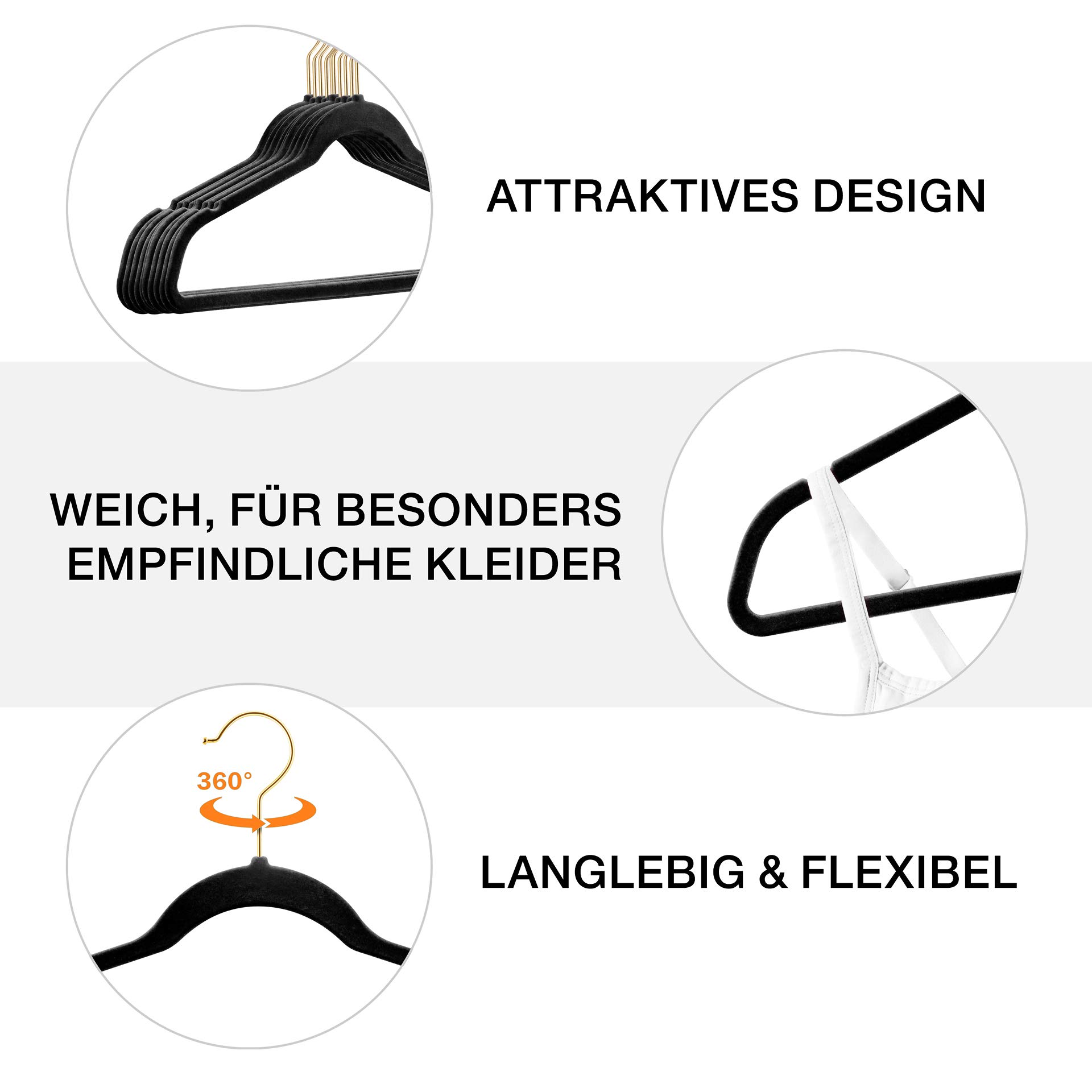 100 Stück hochwertige Samt Kleiderbügel in der Farbe Schwarz mit Gold Look Haken/Anti-Rutsch/von StickandShine