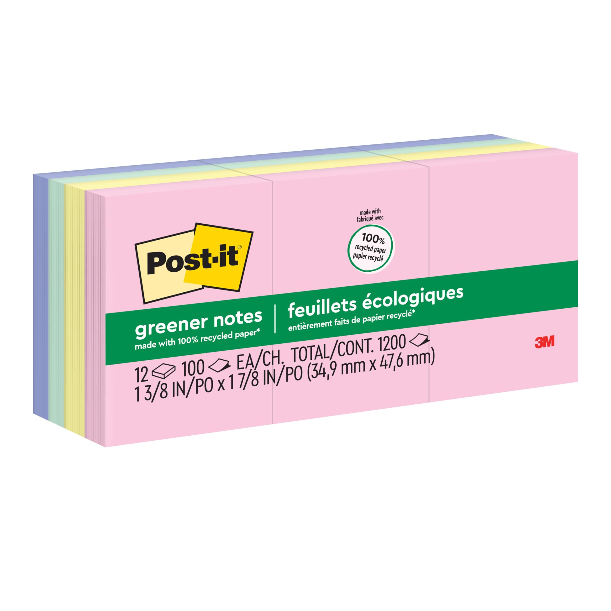 Post-it Daha Yeşil Açılır Notlar, 3,8x5,08 cm, 12 Ped, Amerika'nın 1 Numaralı Favori Yapışkan Notları, Tatlı Sprinkles, Pastel Renkler (Pembe,Mavi, Nane, Sarı), Temiz Kaldırma,%100 Geri Dönüştürülmüş