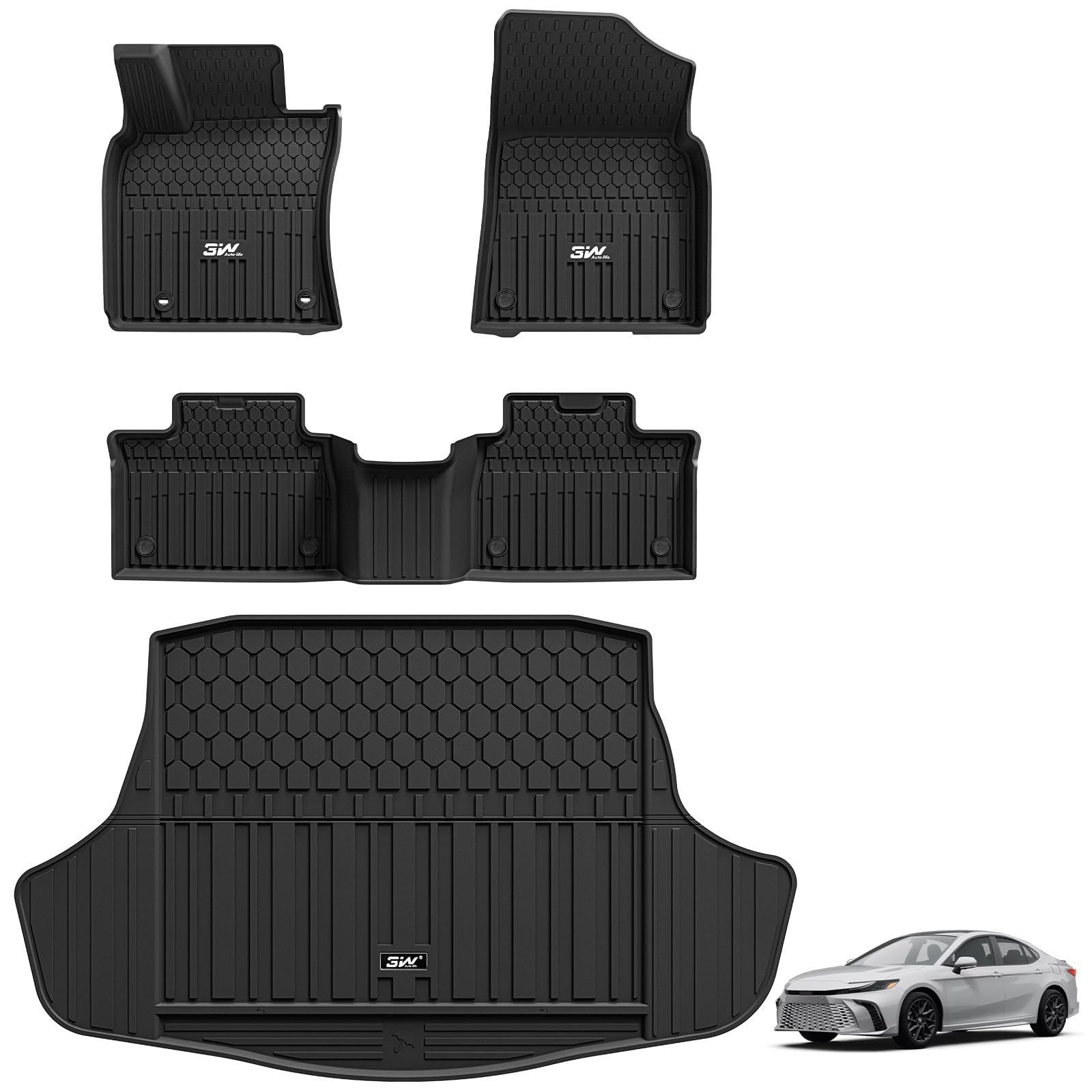 3W Floor Mats & Cargo Liner for Toyota Camry 2025 2026 (Hybrid/LE/SE/XLE/XSE), TPE All Weather Custom Fit Camry 1st & 2nd Row and Trunk Mat, Black