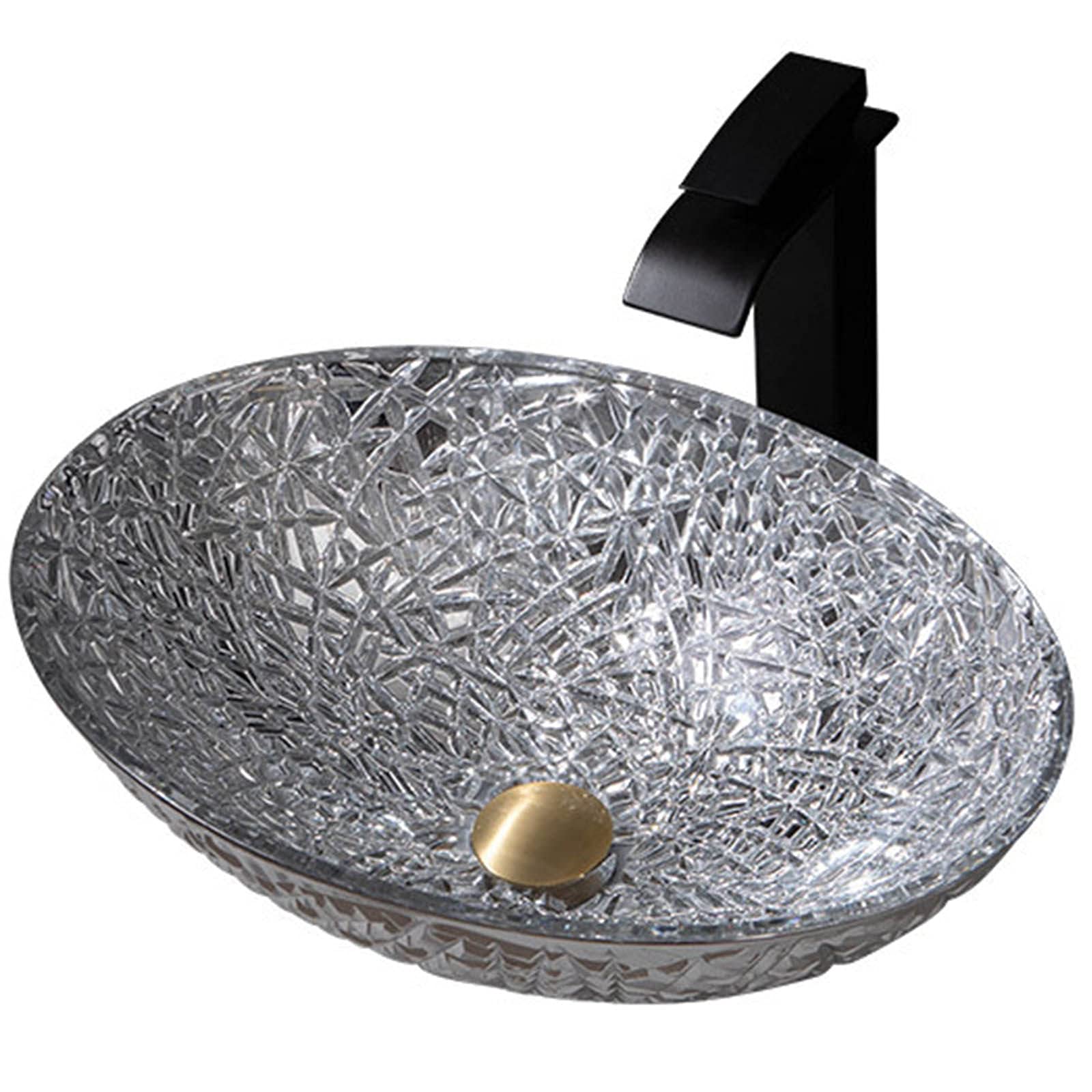 Lavabo en verre haut de gamme ovale argenté avec bonde pour salle de bain