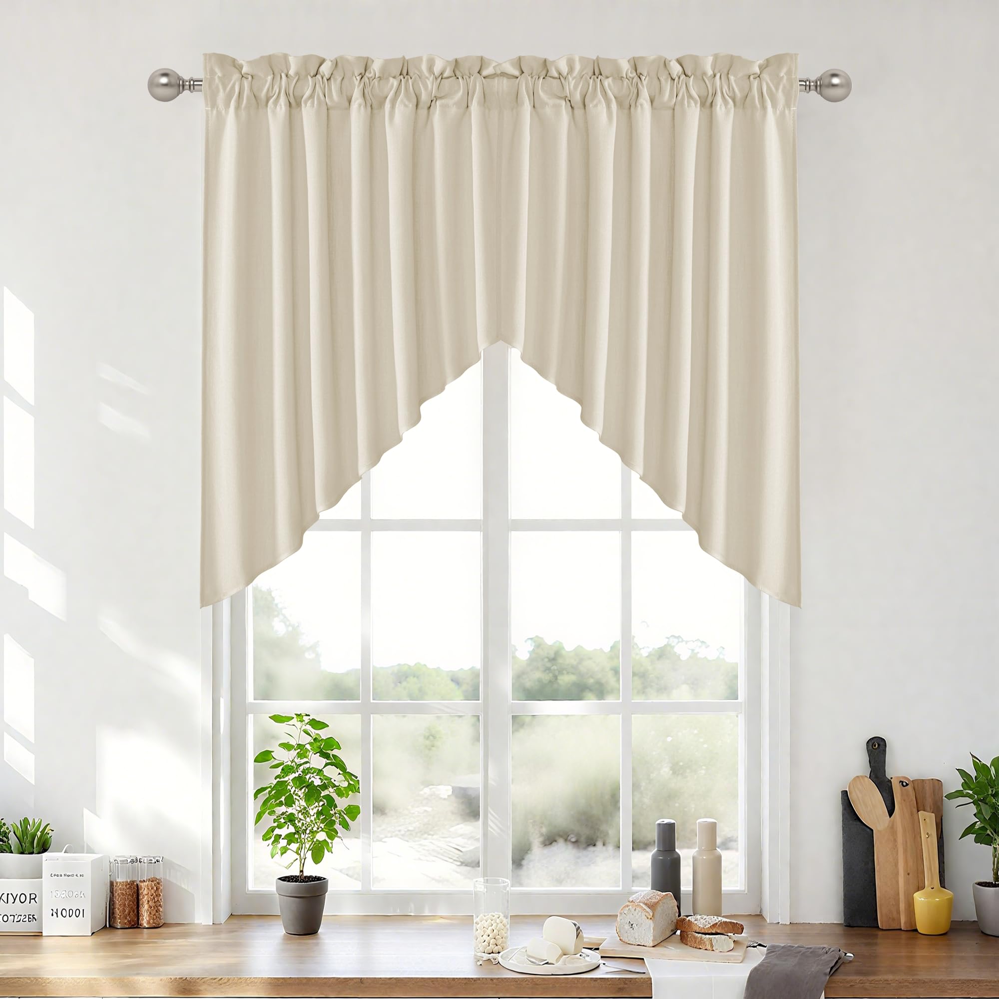 RYB HOME Short Kitchen Valances and Curtain Set, Thick Faux Linen Blended Topper Privacy Protect Short Swag Topper for Bedroom Bathroom, 2 Panels, Rod Pocket, Linen, W 36 x L 36 inch