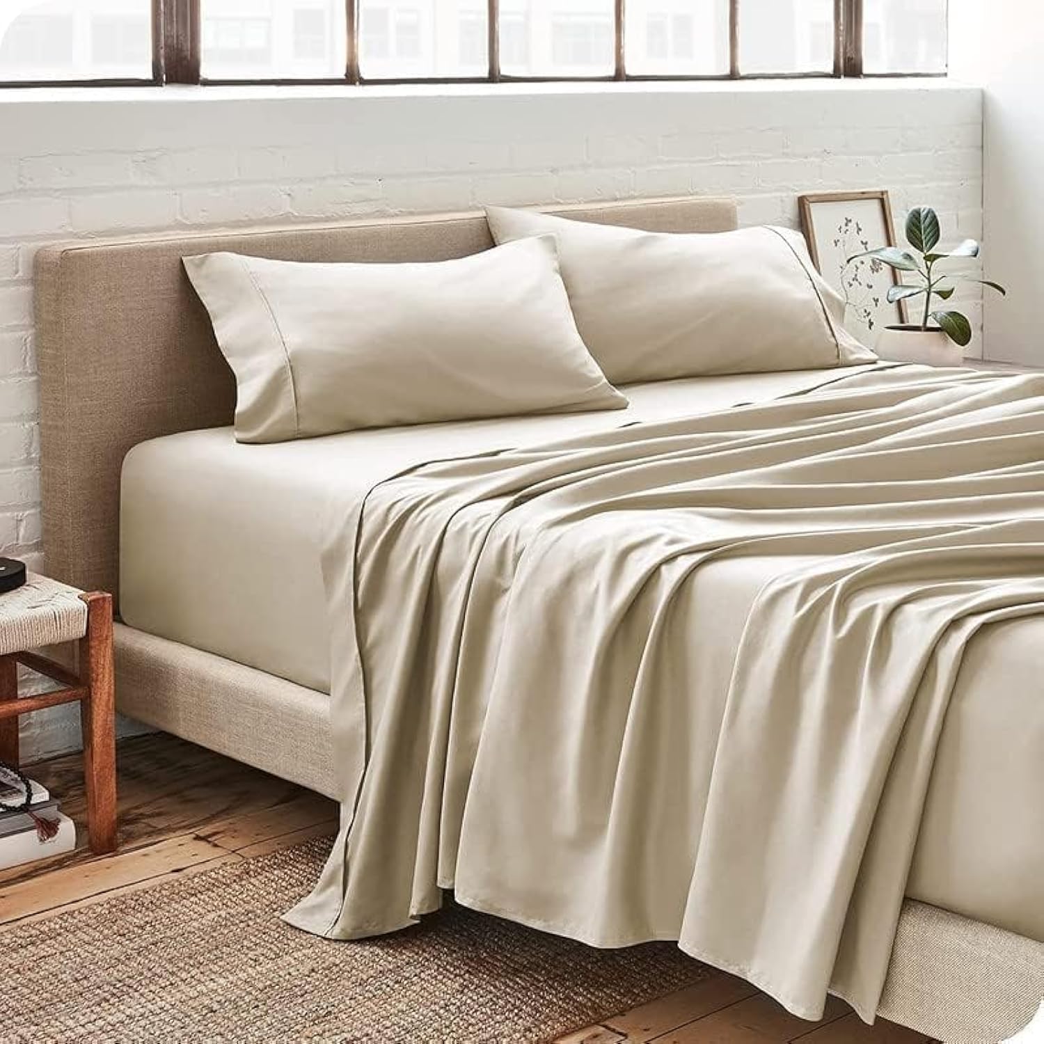 Queen Size Beige Solid Color Bedsheet with 2 Pillow Covers- (90x102 Inch) 100% - 400 TC Cotton Flat Sheet for Queen Bed - Home,Hotel,Bedroom…..