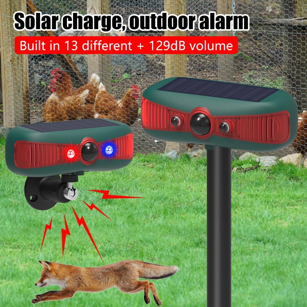 Solar Strobe Infrared Motion Sensor Alarm Detector, Outdoor Waterproof LED Flashing Warning Light, 13 Sound Security Alarm System, 129db Dual Speaker Noise Generator for Farm Orchard (2 Pack)