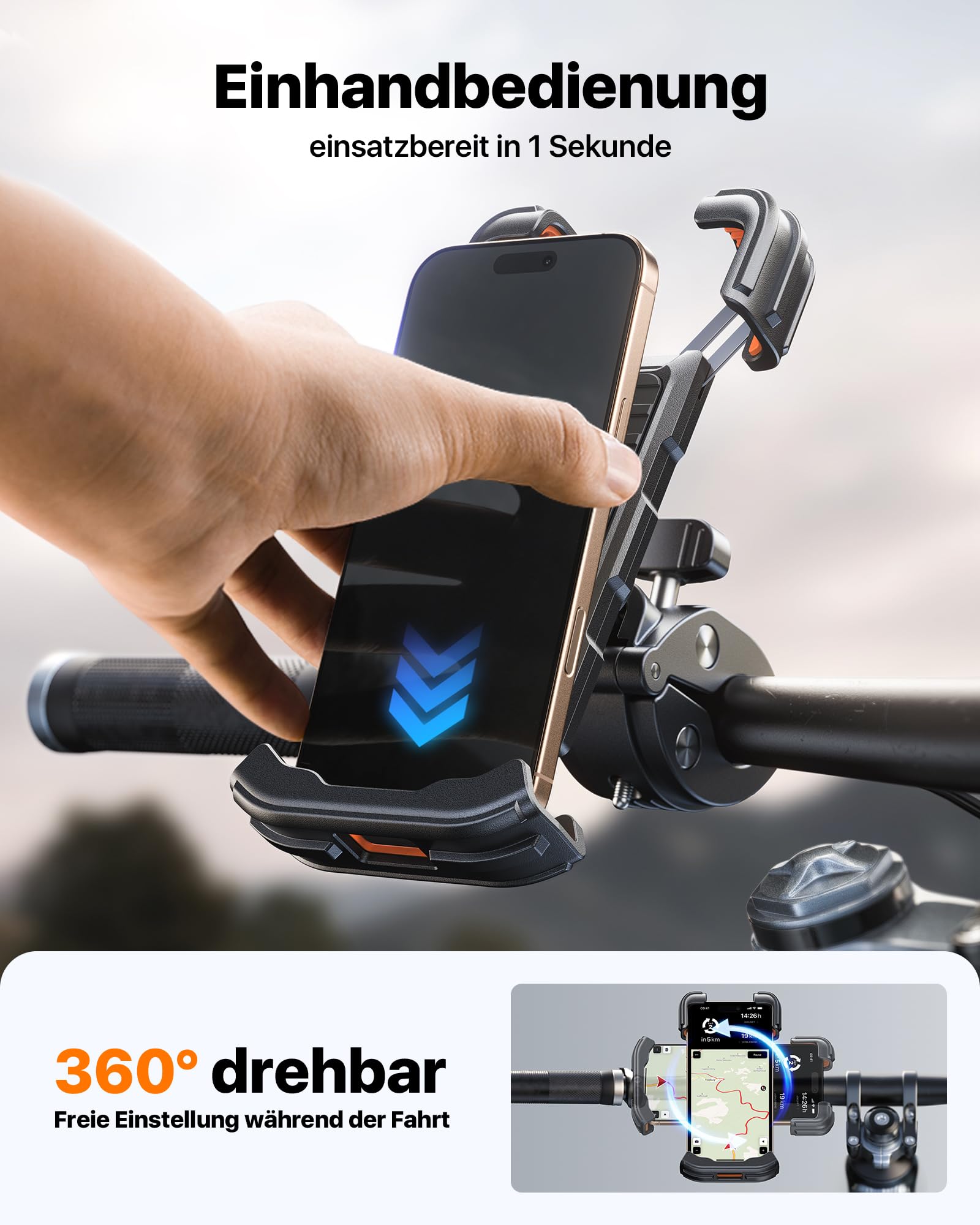 andobil 2026 Handyhalterung Fahrrad [ Top Verarbeitet ] 165 km/h Stoßfest [ 1s Einhandbedienung ] Universal Handyhalterung Motorrad 360° Handyhalter Fahrrad für iPhone 17/16/15 Pro Max Samsung S25