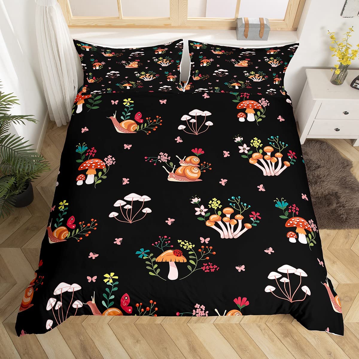 Homemissing Cute Mushroom Duvet Cover Cartoon Mushroom Comforter Cover Kawaii Fungus Bedding Set Wild Mushroom Bedspread Cover Bedclothes Zipper Super King