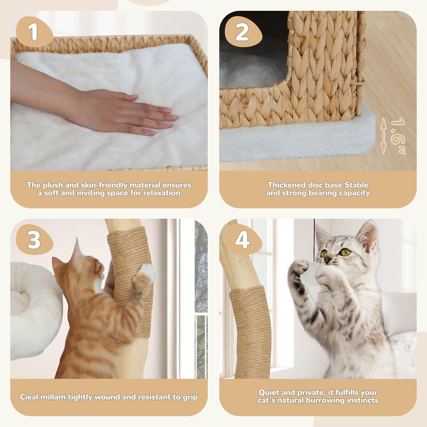 Modern Cat Tree Tower for Indoor Cats - Multi-Level Solid Wood Cat Condo w/Caves, 2 Large Perches, Scratching Posts, Hanging Toy for Large Cats Adult - Luxury Boho Pet Furniture