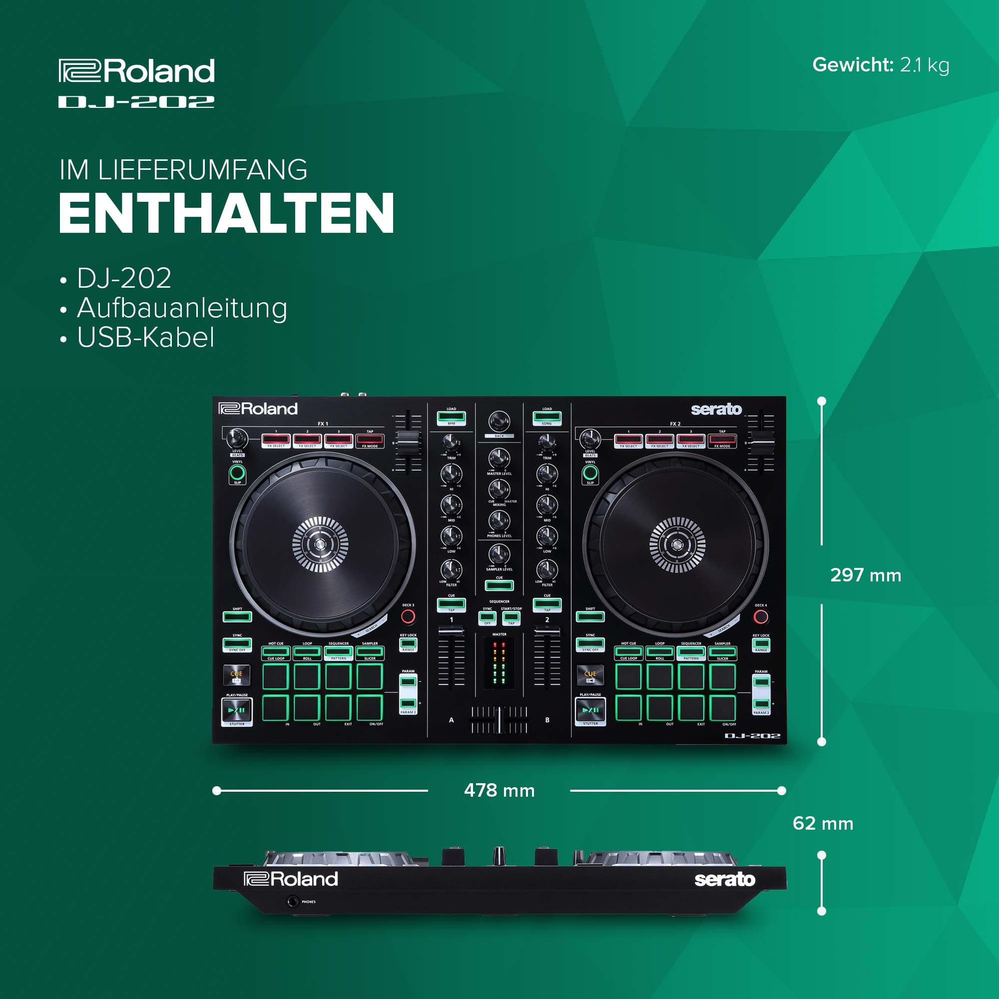 Roland DJ-202 Kompakter DJ-Controller | 2-Kanal-Controller mit 4 Decks für Serato DJ Lite | Große Plattenteller mit minimaler Latenz | Legendäre Roland Drumkit-Sounds | Moderne ACB-Technologie