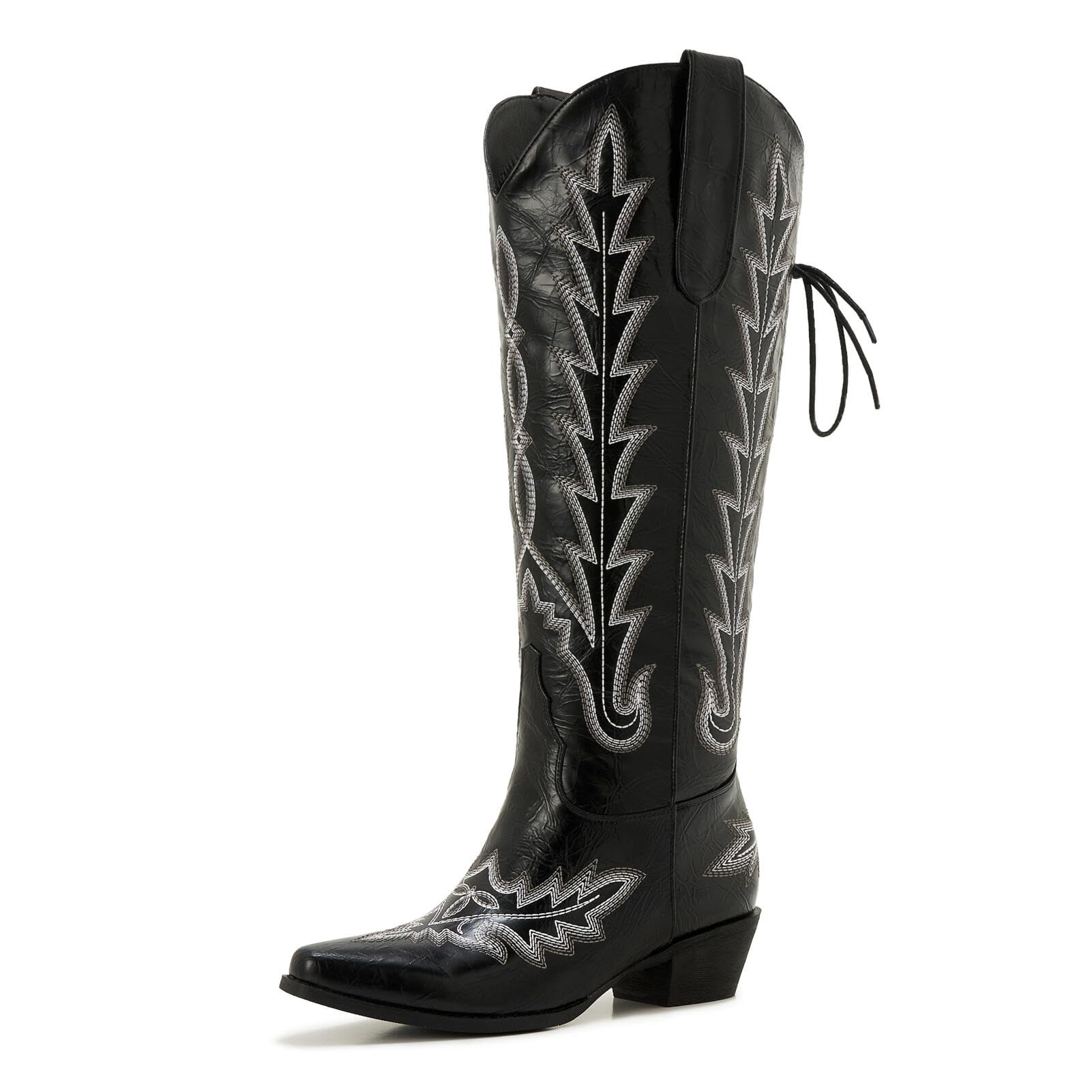 Uillnoodu Wide Calf Cowboy Boots Women Adjustable Lace Up Knee High Tall Plus Size Cowgirl Boots Western Style