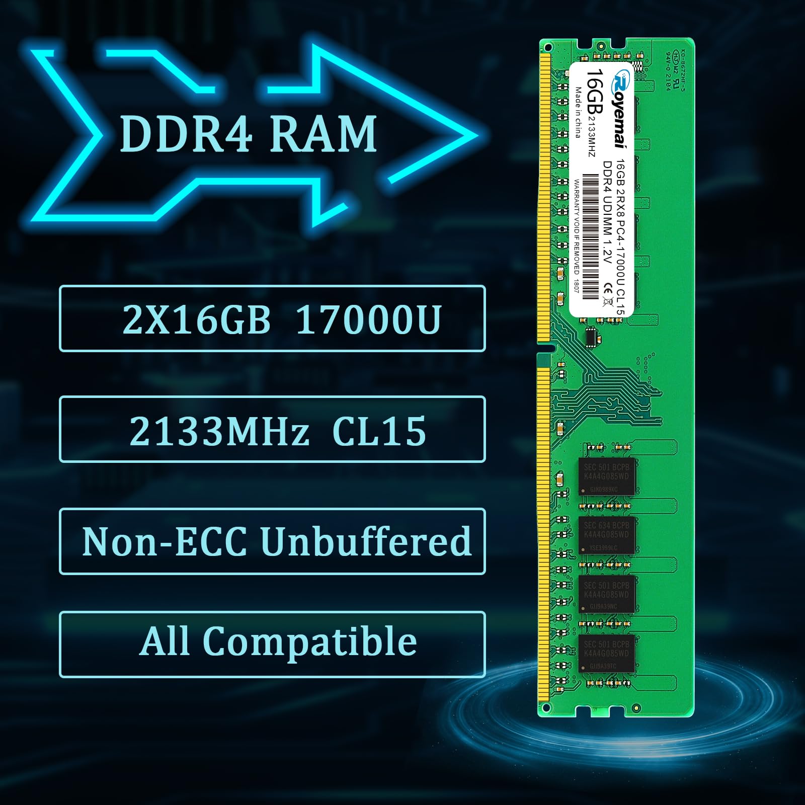 32GB DDR4 17000U PC4 2133 2X16GB UDIMM, DDR4-2133MHz 32G PC4-17000