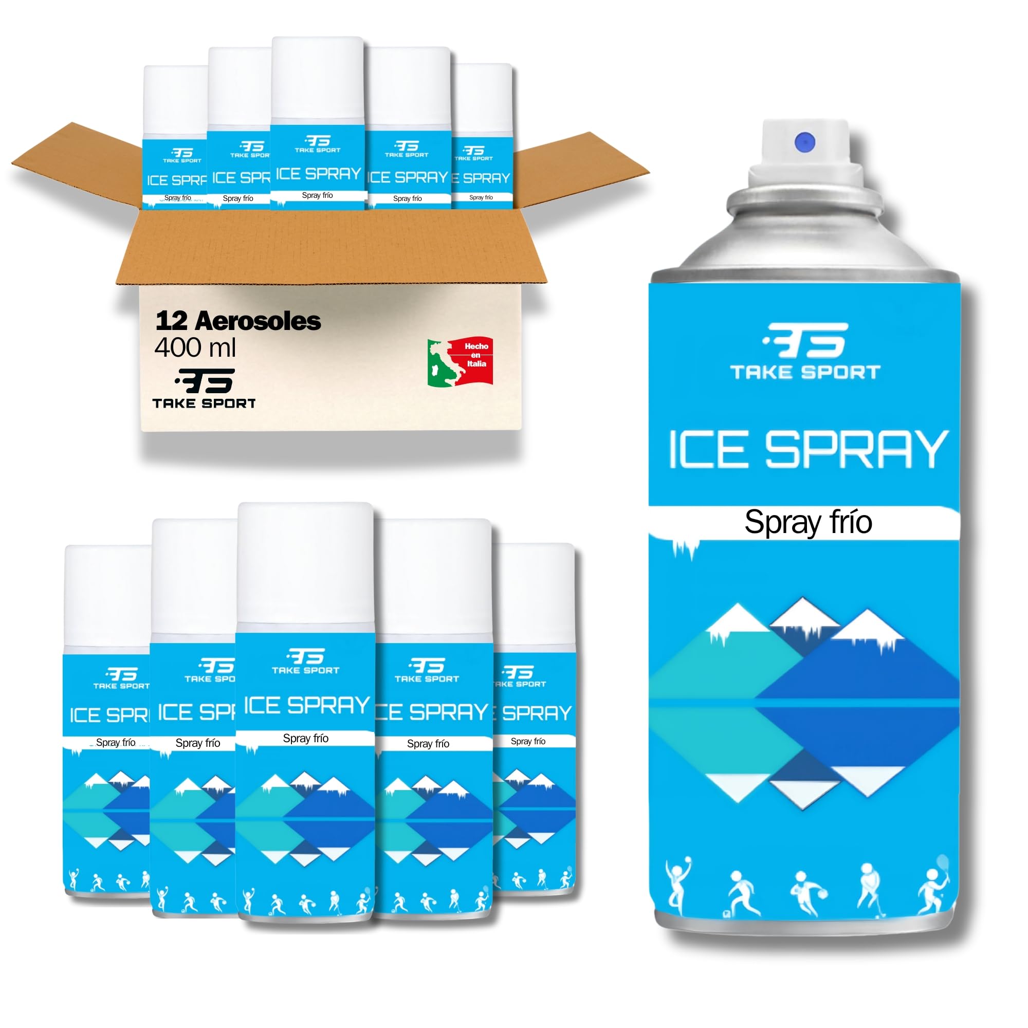 TS Take Sport® Spray Frío Instantáneo 400 ml Pack 12 – Hielo Instantáneo para Lesiones, Esguinces, Contusiones y Primeros Auxilios – Spray Profesional para Deportistas y Fisioterapia
