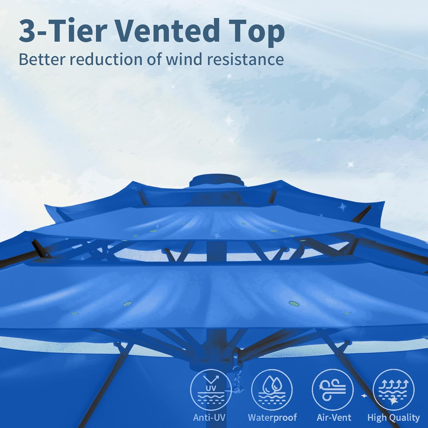 9FT 3 Tiers Patio Umbrella With Auto Tilt And Crank, Outdoor Table Market Umbrella with 8 Sturdy Ribs for Garden, Lawn, Deck, Backyard and Pool