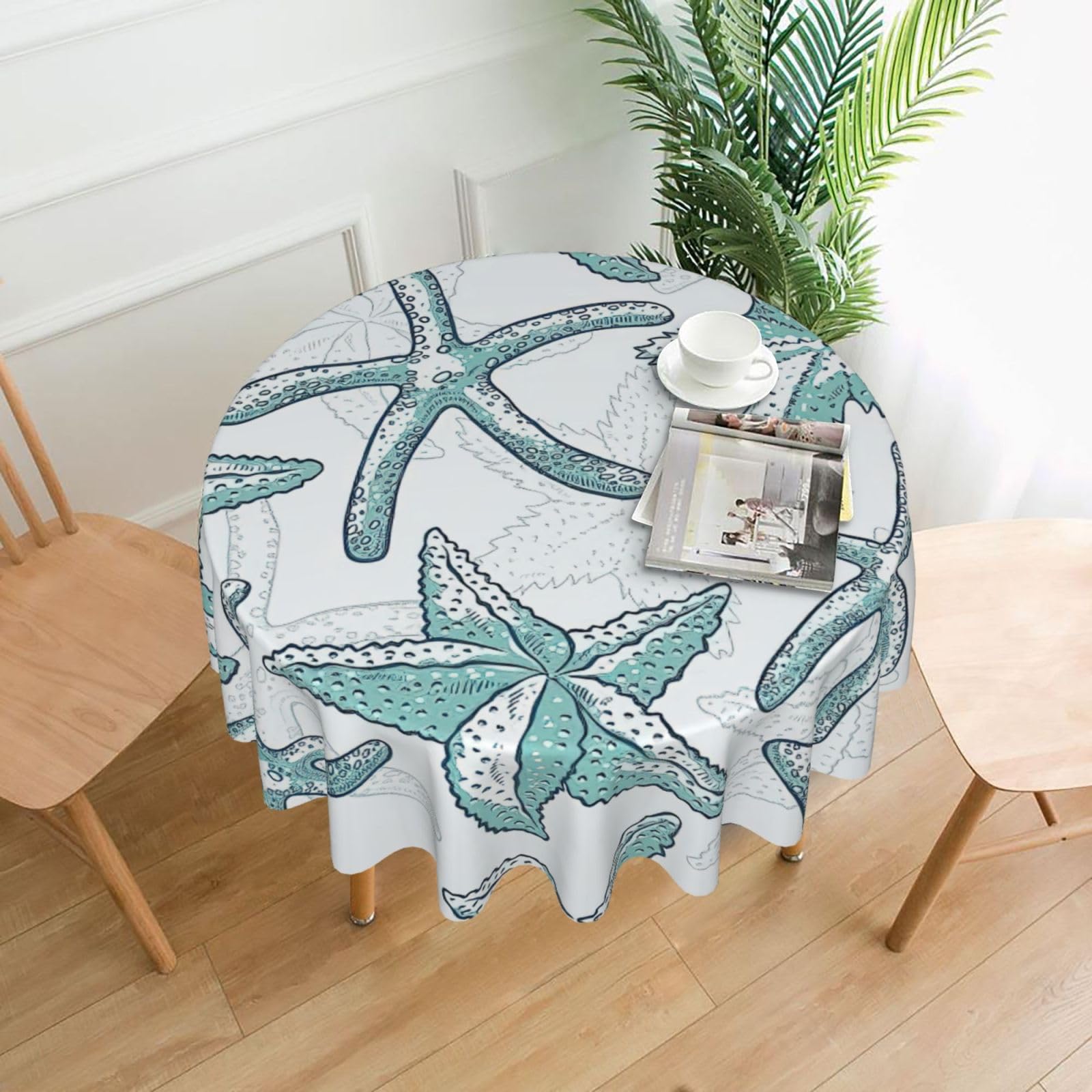 SDEGTHO Starfish Print Modern Retro Round Tablecloth 60in Polyester Fabric Cover for Party Dining Table Washable