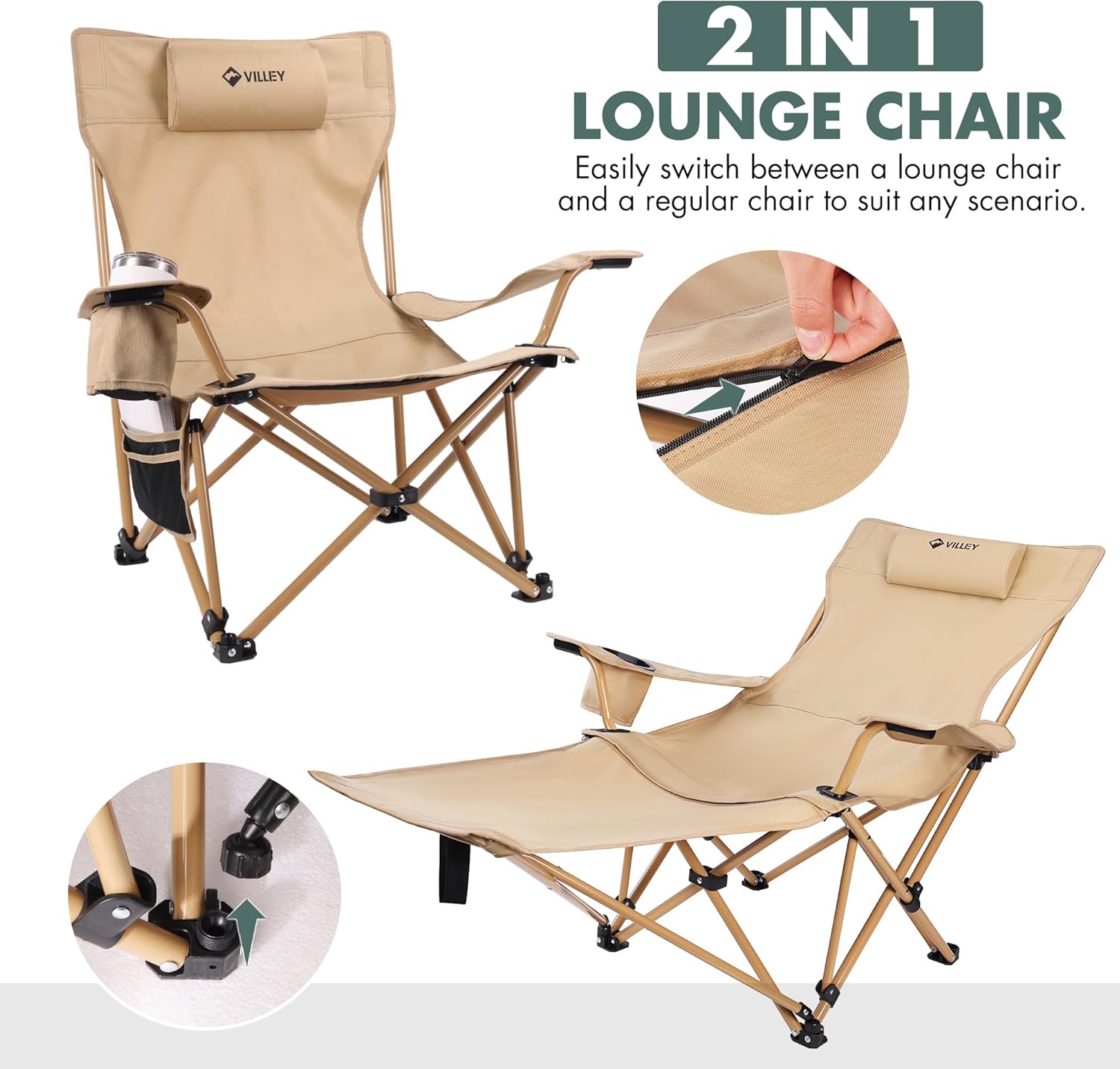 VILLEY Reclining Camping Lounge Chair Adjustable Foldable Chair for Adults with Removable Footrest, Headrest & Storage Bag Supports Up to 330 LBS Beige