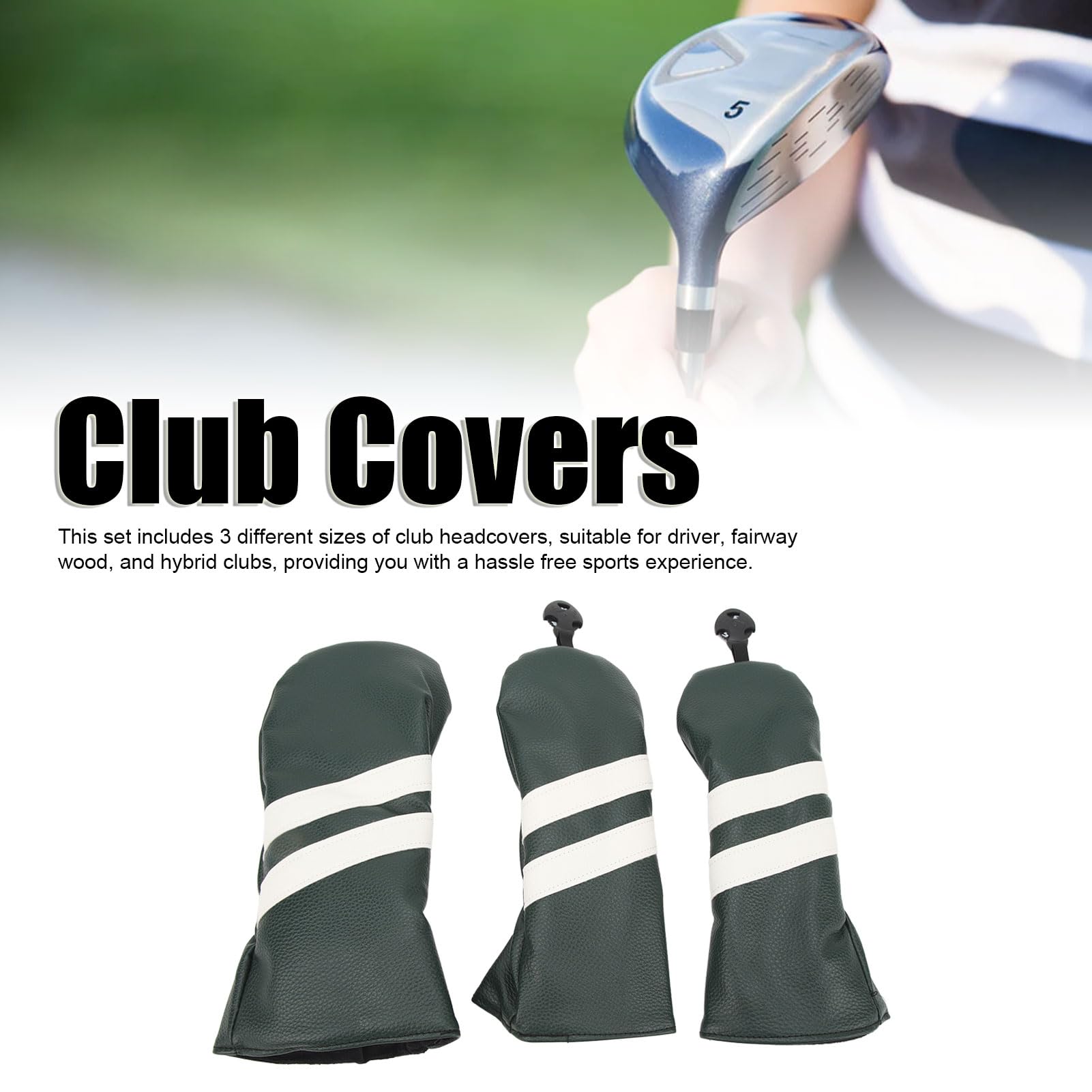 Copricapo per club, 3 pezzi Copri testa per driver in PU Protezione per club Etichetta girevole antipolvere ibrida in legno Fairway per sport da golf all'aperto